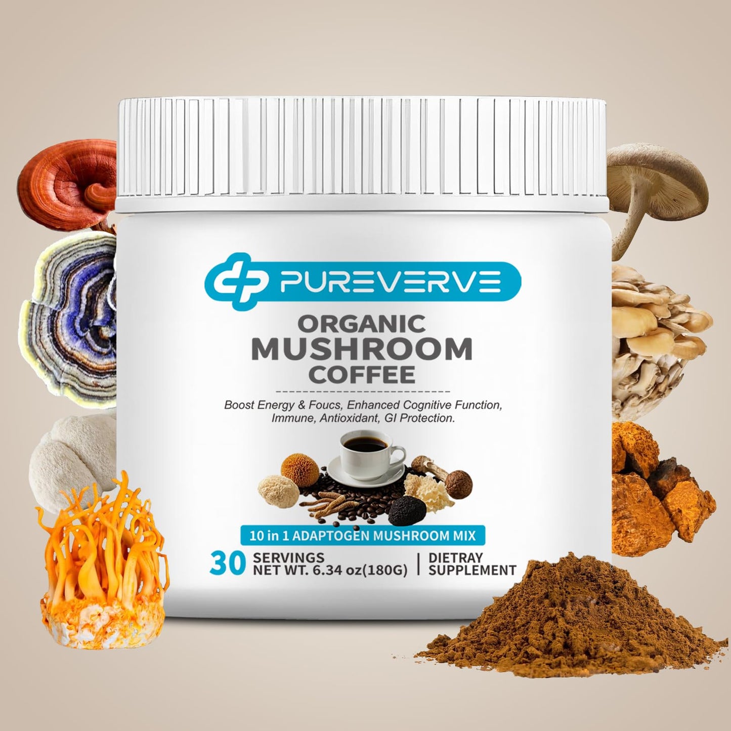 Pureverve Organic Mushroom Coffee Instant Powder, 10 Mushroom Powder Blend, 6.34 Ounce