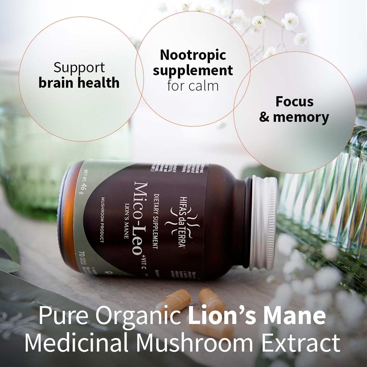 HIFAS DA TERRA Mico-Leo Organic Lions Mane Mushroom Supplement Capsules, 70 Count