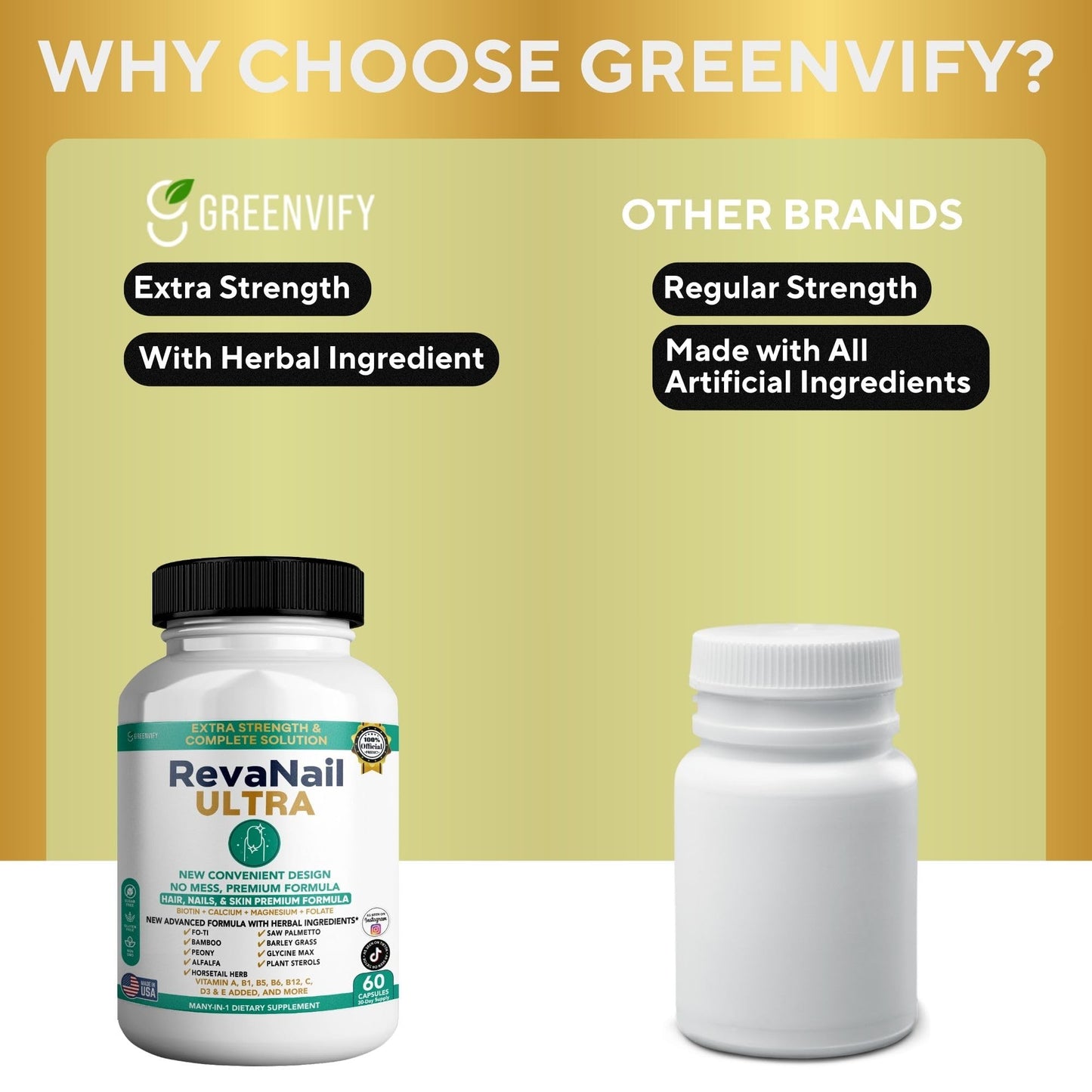 GREENVIFY RevaNail Ultra Hair, Nails & Skin Formula, Biotin, with Folate, Magnesium, Herbal Blend, 60 Capsules