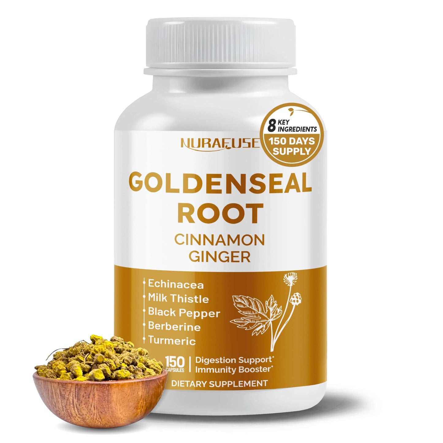 NURAFUSE Goldenseal Root 8-in-1 Formula with Cinnamon Ginger Echinacea Elderberry Black Pepper Vitamin D3 Capsule, 150 Count