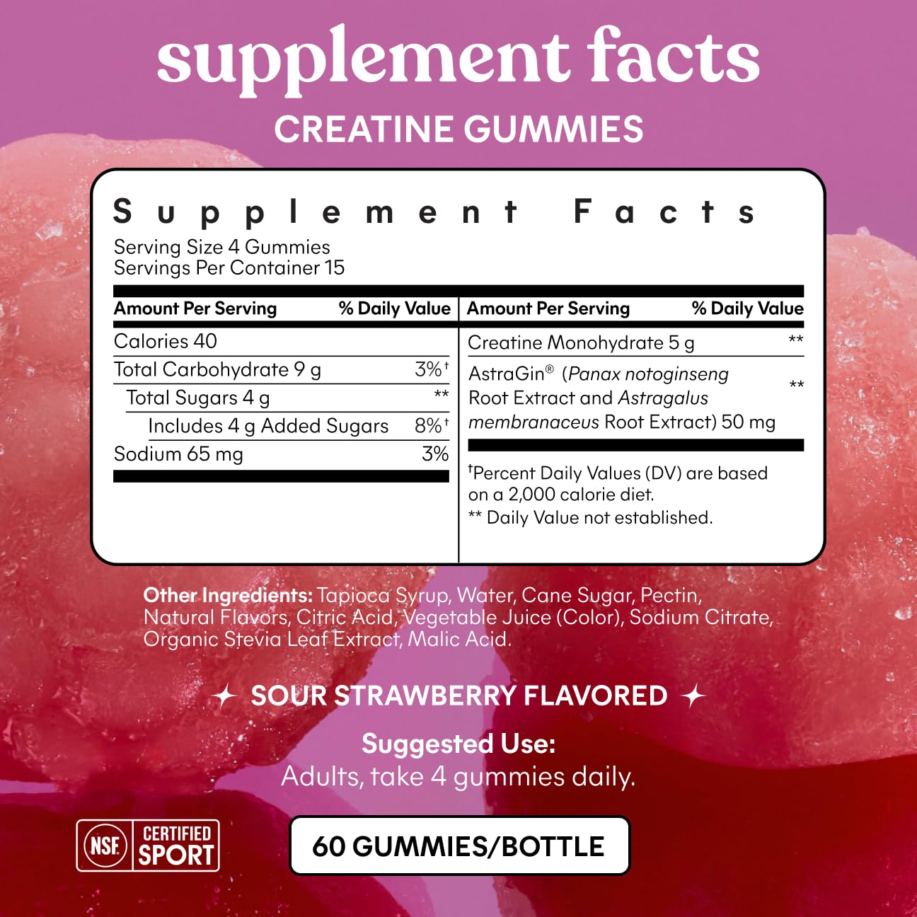 Lemme Creatine Monohydrate Gummies, Sour Strawberry, 60 Gummies