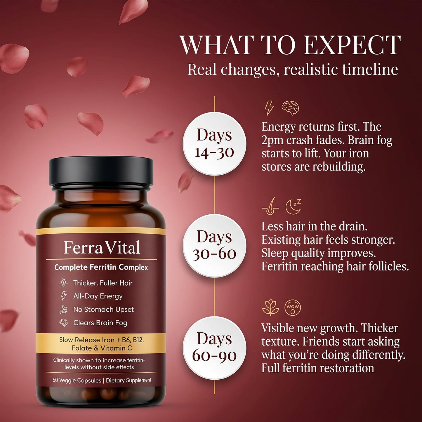 WOVOEO Ferravital Ferritin Support for Women with Ferrous Glycine, Vitamin C, B6, Zinc, B12 & Folate, Gluten Free & Non-GMO, Gentle Iron Support for Energy, 60 Capsules
