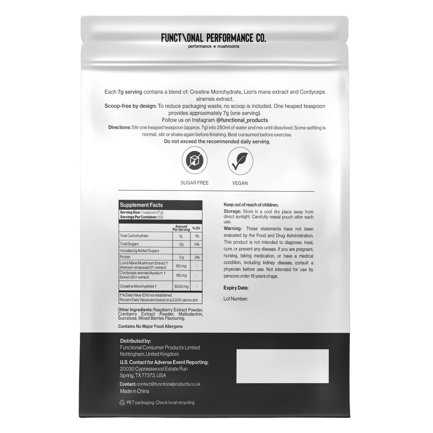 Functional Performance Co. Creatine Monohydrate Powder Micronized, 5g Creatine Per Serving, Flavoured Creatine, Lion’s Mane & Cordyceps, Berry Flavour, 100 Servings