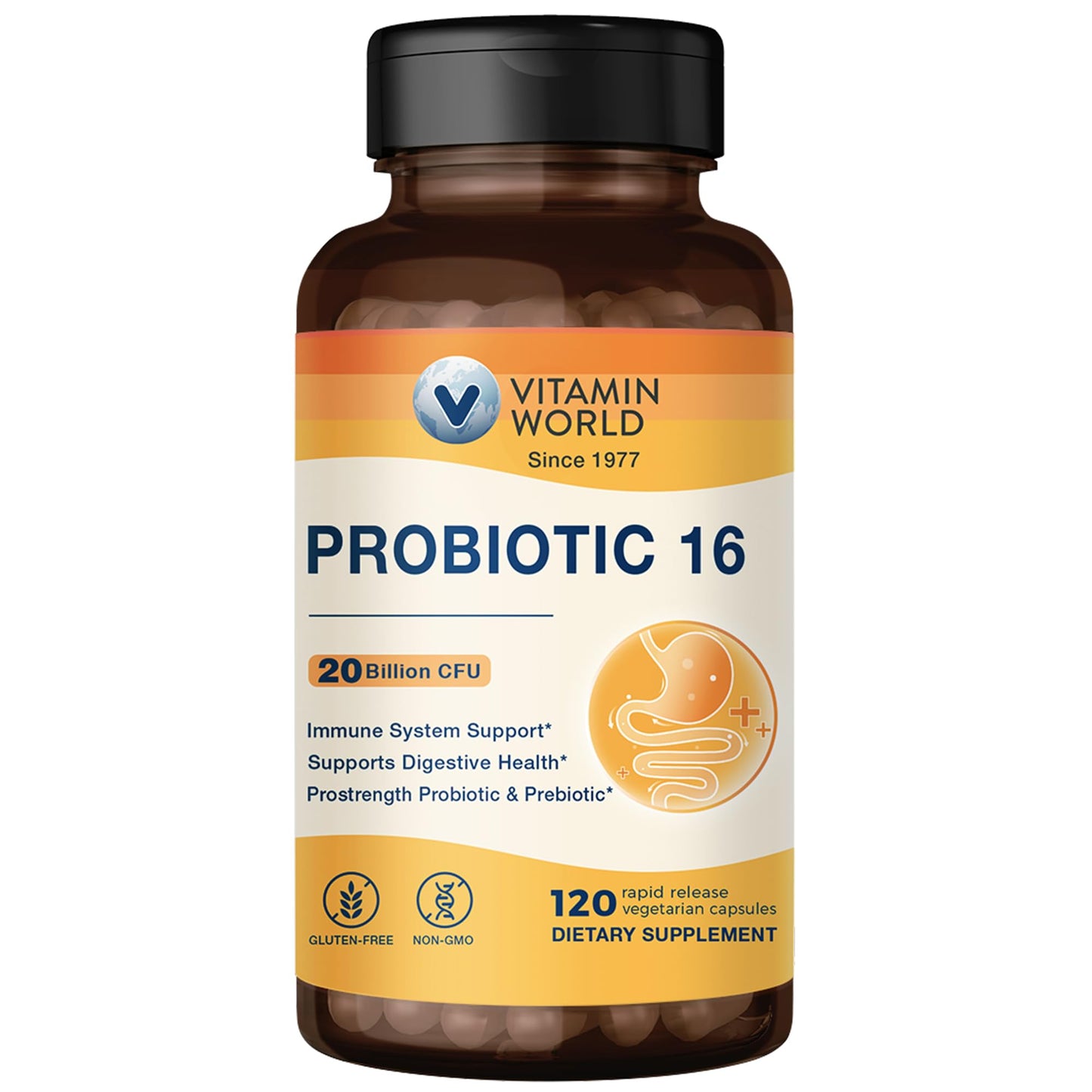 Vitamin World Probiotic 16, 20 Billion CFU, 16 Strains with Prebiotic Fiber Capsules 120 Count