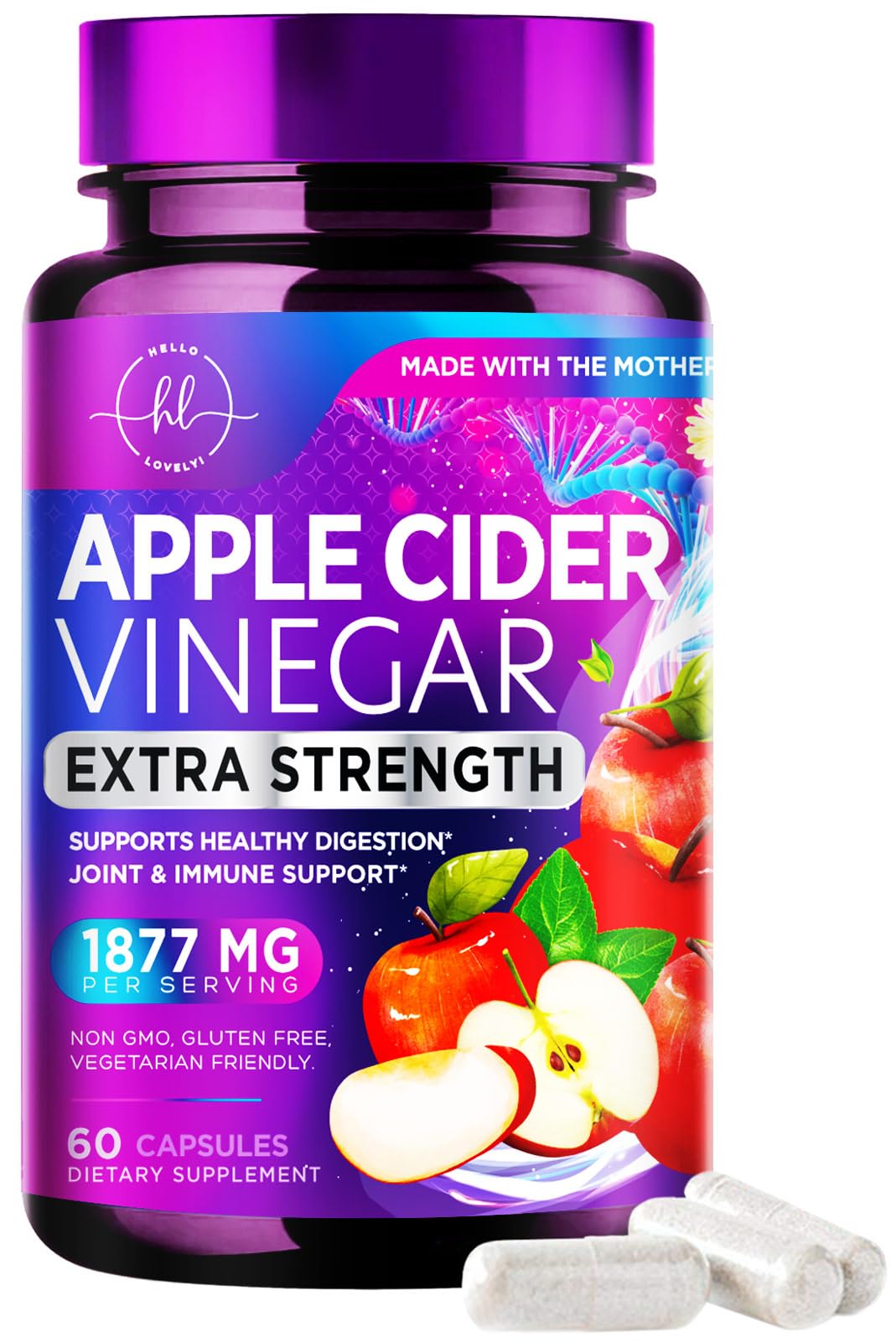 Hello Lovely! Apple Cider Vinegar 1877mg Per Serving Extra Strength ACV Capsules with Vitamin D3, 60 Count