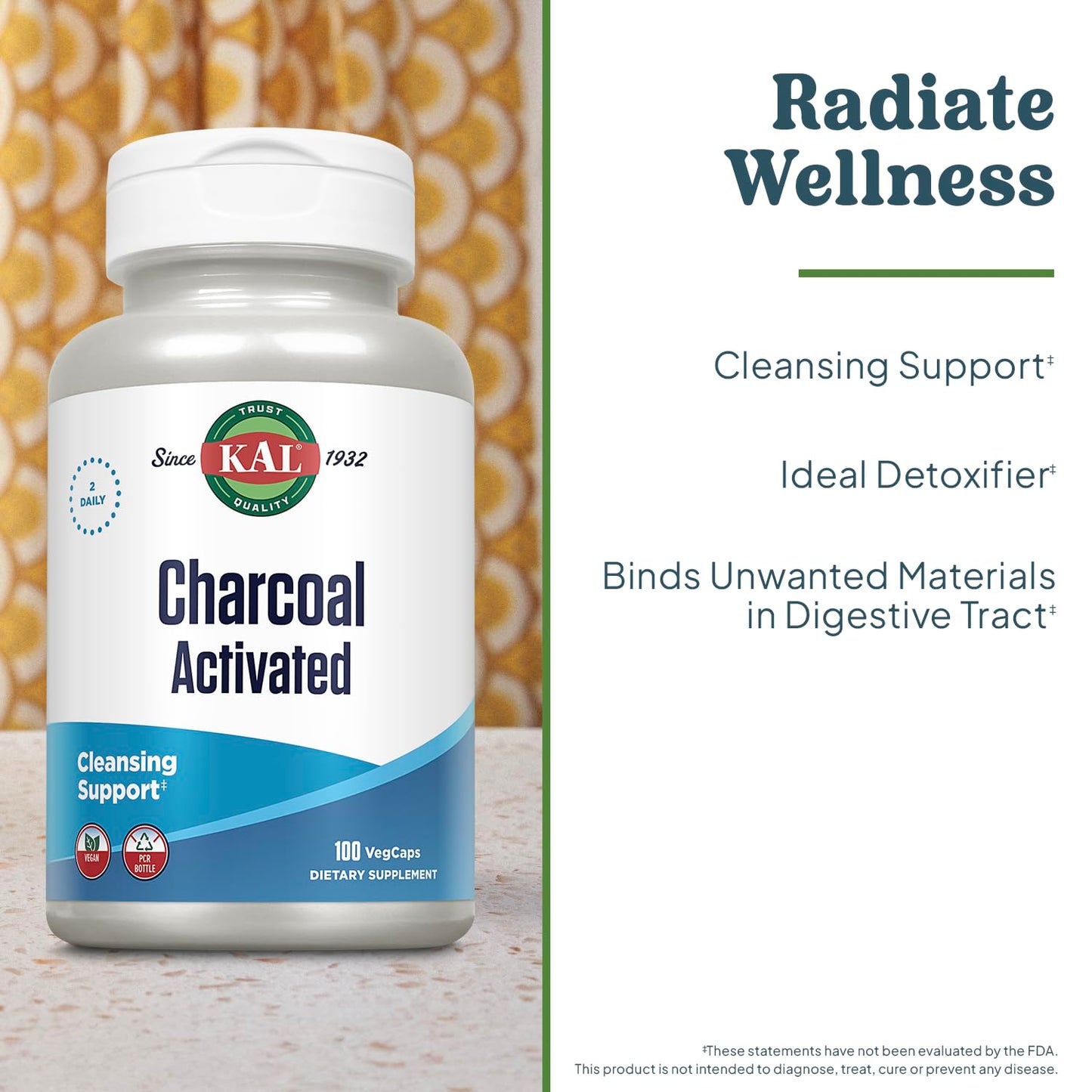 KAL Activated Coconut Shell Charcoal 280mg Capsule, 100 Count