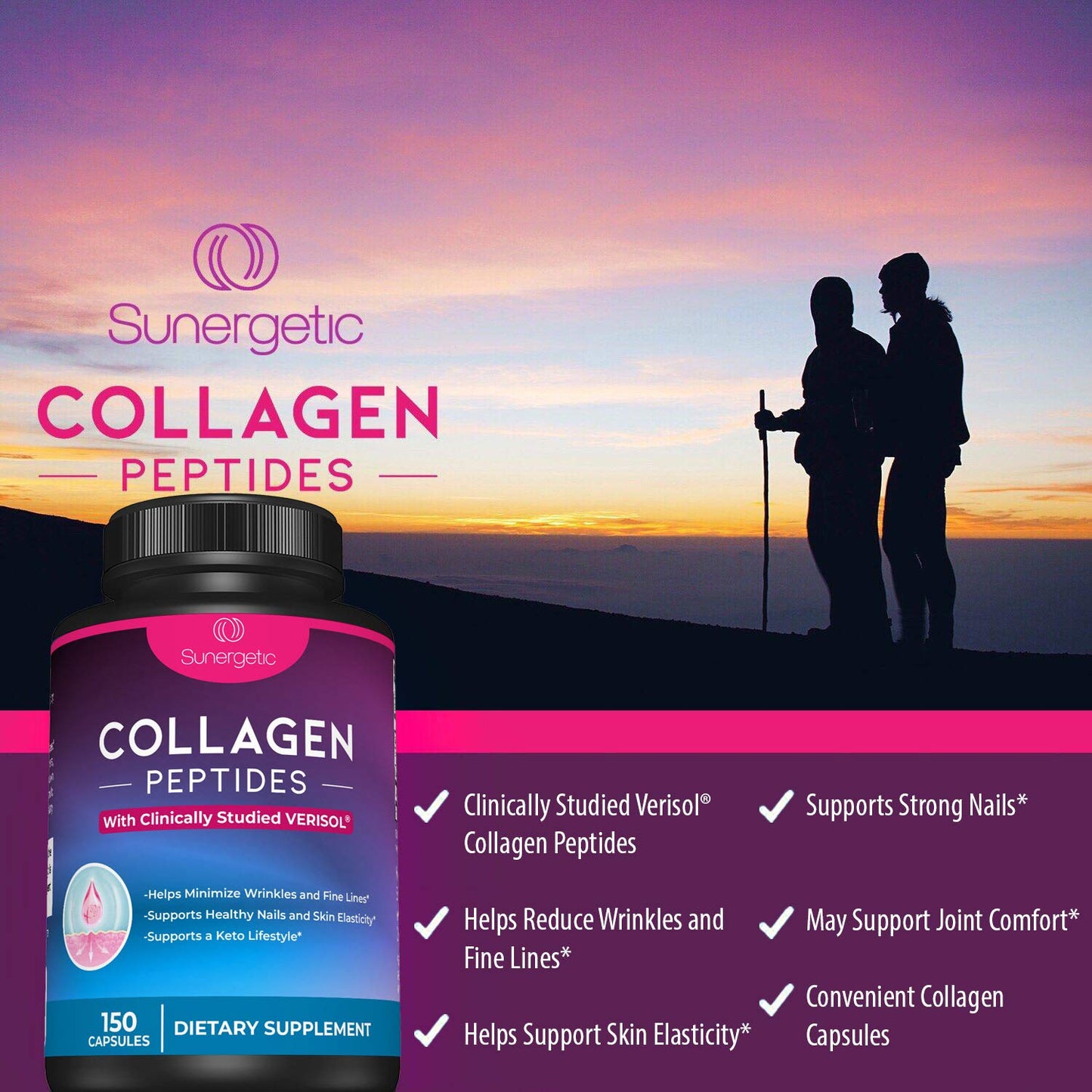 Sunergetic Premium Collagen Peptides Capsules 2500 mg VERISOL Type 1 & Type 3, Multi-Collagen Supplement for Joint Health, Hair, Skin & Nails, 150 Capsules