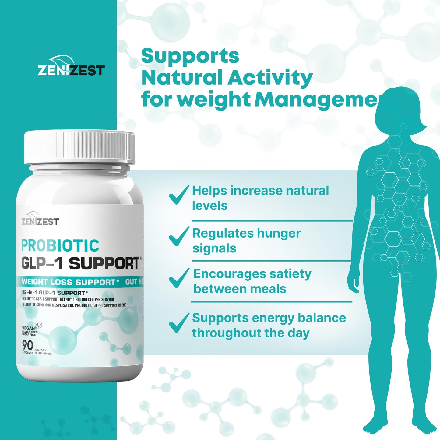 ZeniZest GLP-1 Support Probiotic Weight Loss Support Supplement with Berberine Capsule 90 Count