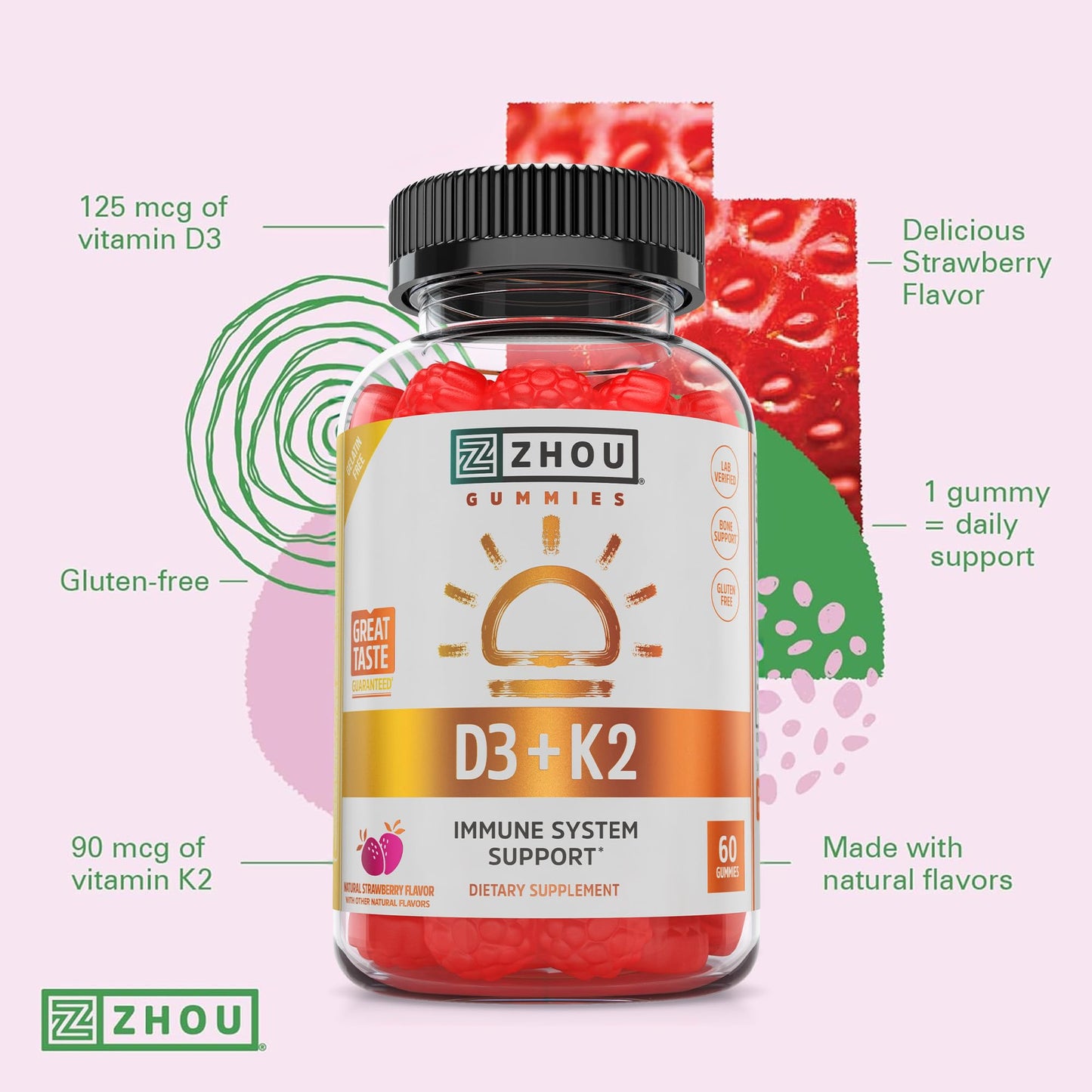 ZHOU D3+K2 Gummy - Vitamin D3 5000 IU and MK-7, Immune Support, 60 Veggie Gummies