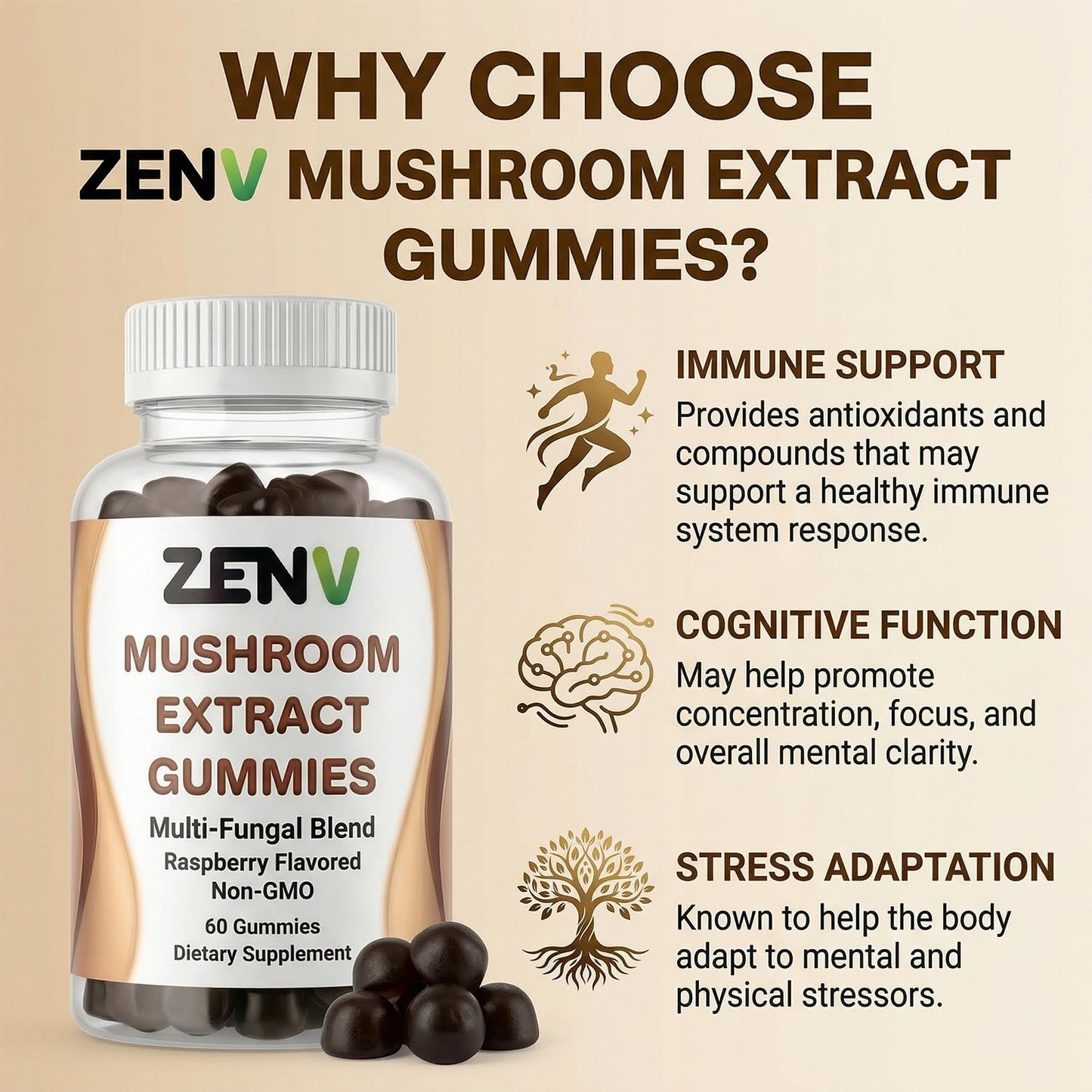 ZENV Mushroom Extract Gummies, 60 Count