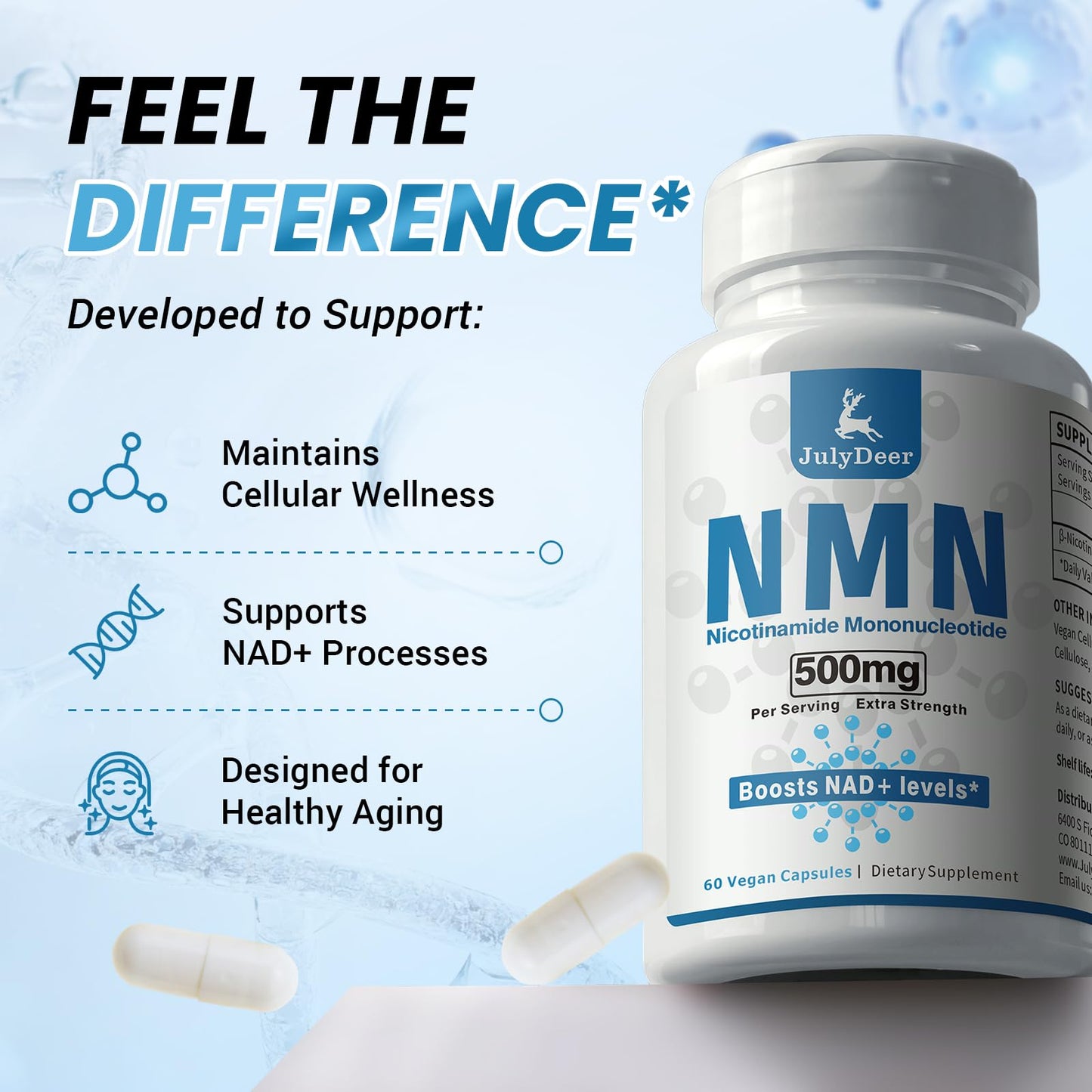 JulyDeer Pure NMN 500mg Nicotinamide Mononucleotide Capsule, 60 Count