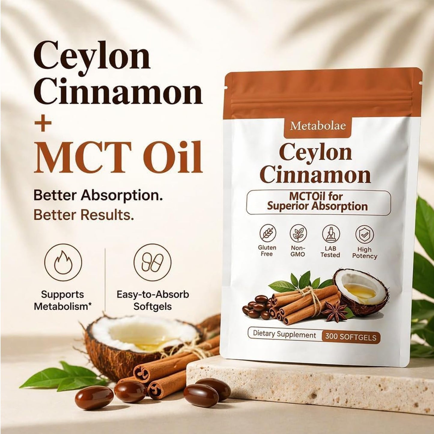 Metabolae Ceylon Cinnamon with MCT Oil Softgels 300 Count