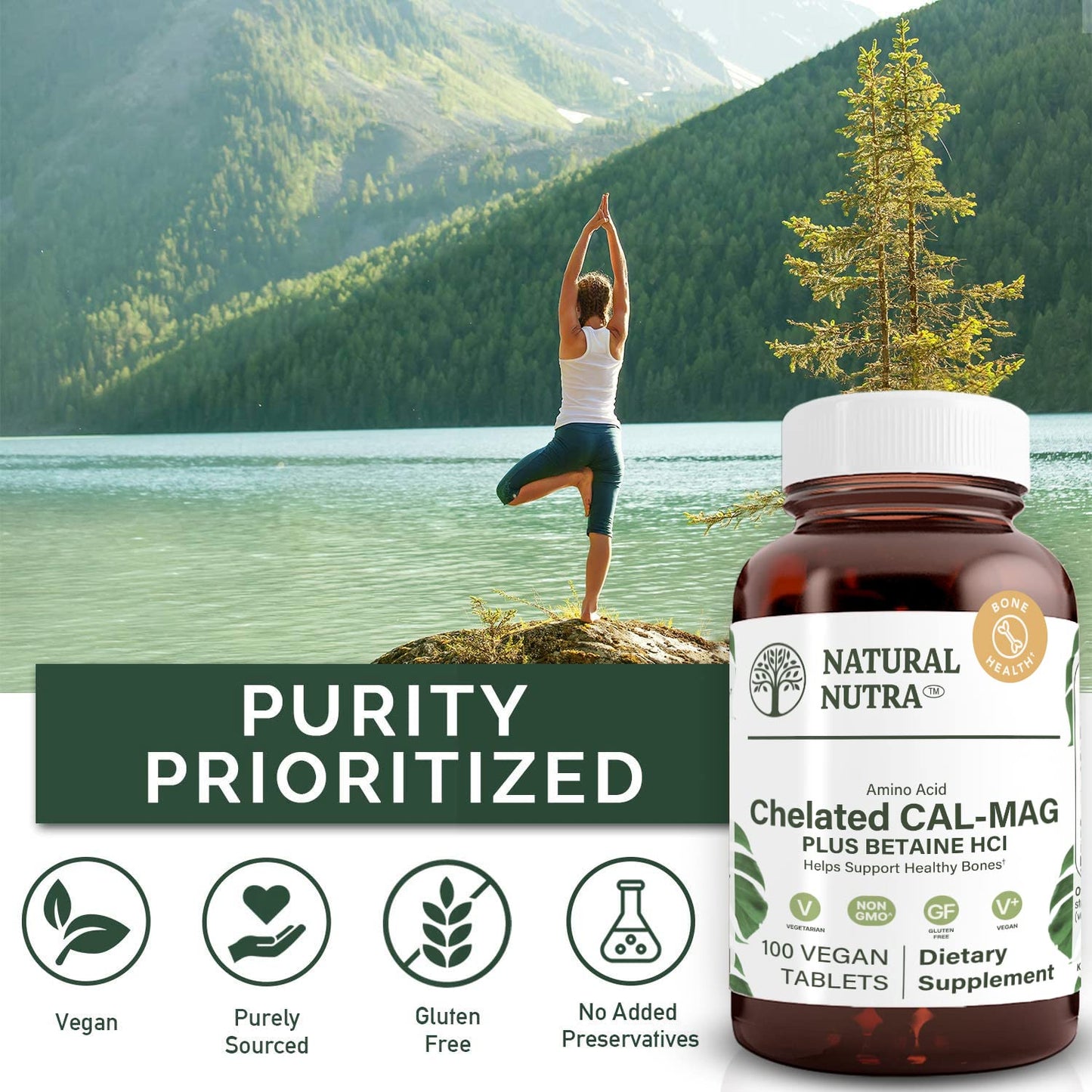Natural Nutra Chelated Calcium Magnesium 1000/500 mg Supplements Plus Betaine HCL - Chelated Cal Mag Tablets, 100 Count