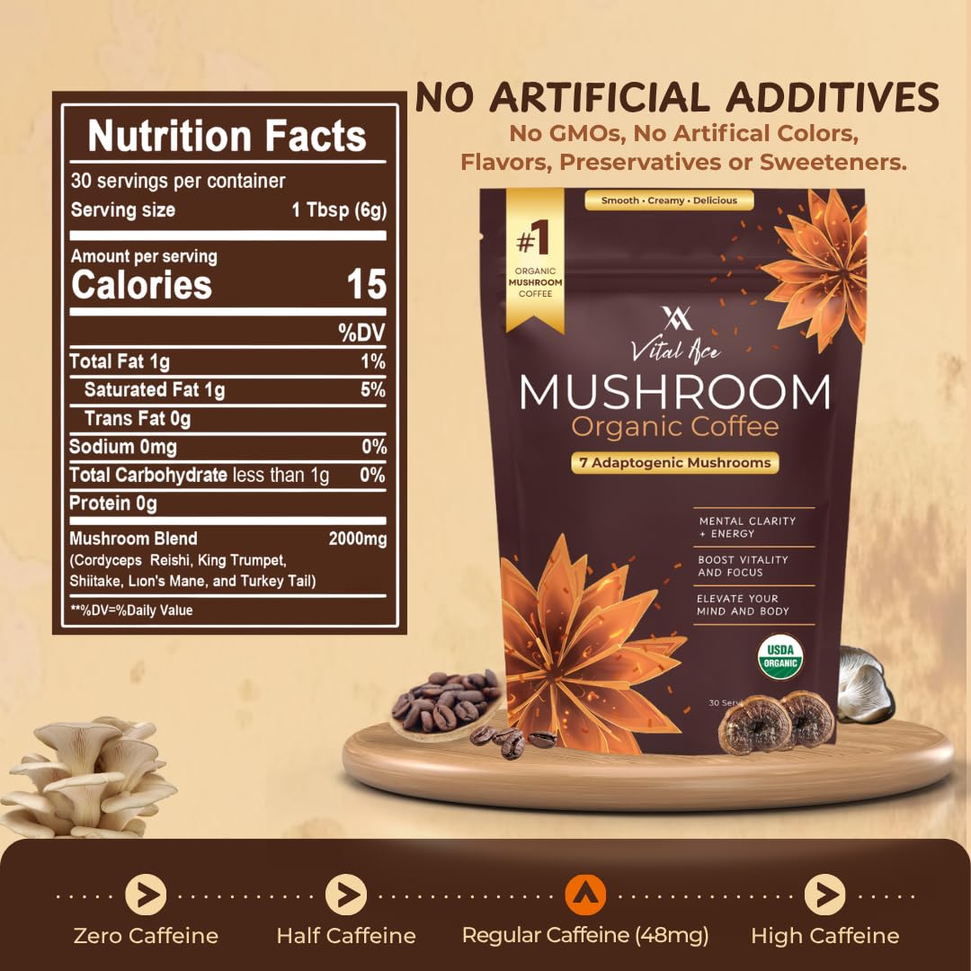 Vital Ace Organic Mushroom Coffee Powder with Lion’s Mane & 7 Adaptogens, 30 Servings, 6.35 oz