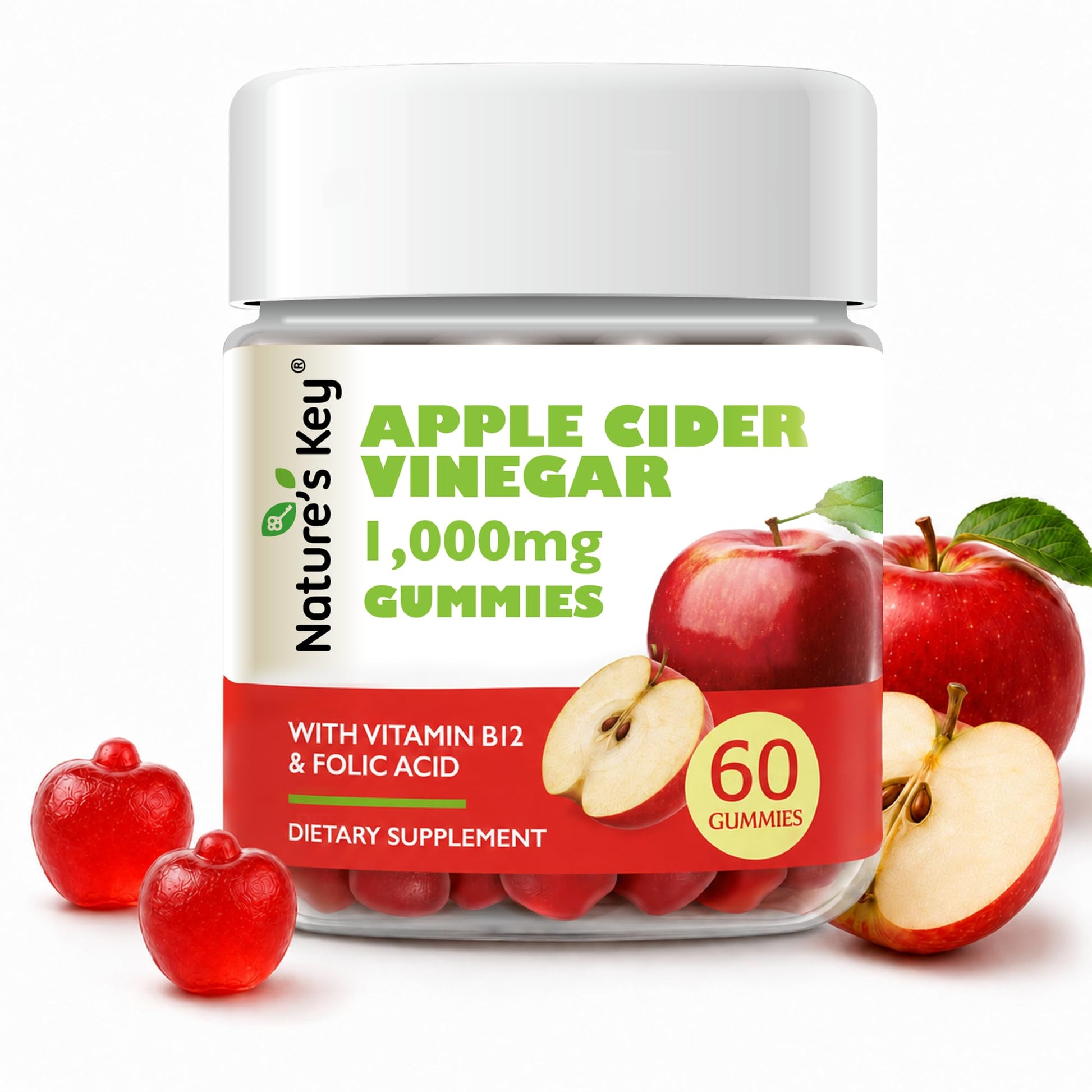Nature's Key Apple Cider Vinegar Gummies 1000mg ACV with B12, Folic Acid, Vitamin B6, Beetroot & Pomegranate - Vegan, Non-GMO, Gluten Free, 60 Gummies