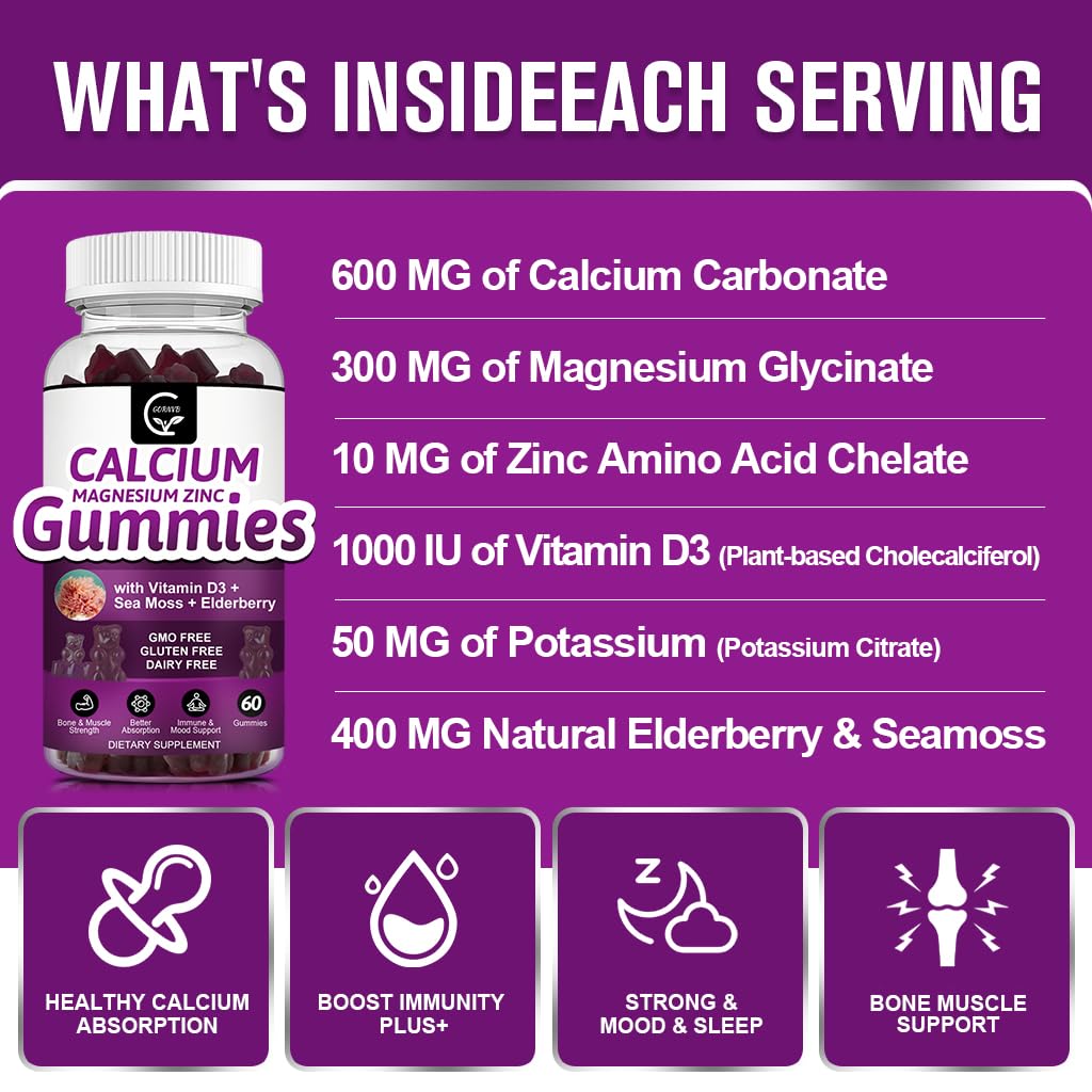 GORNVB Calcium Magnesium Zinc Gummies with Magnesium Glycinate 300mg, Potassium Plant Complex, 2:1 Calcium Magnesium Ratio, D3 Sea Moss, Vegan, 120 Gummies