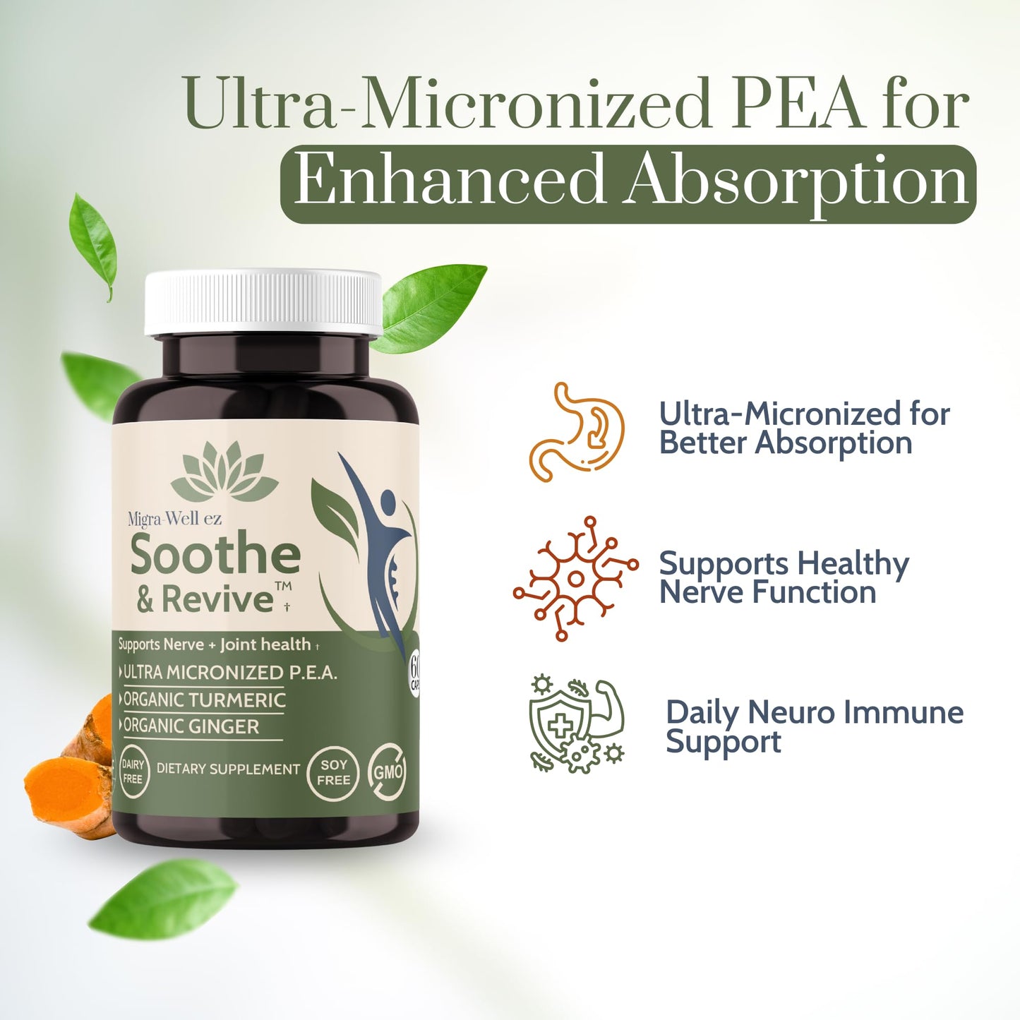 Wellkasa Soothe & Revive Ultra-Micronized PEA (Palmitoylethanolamide) 600mg with Organic Turmeric & Ginger, Nerve Support & Joint Health Supplement for Men & Women, Non-GMO, Gluten-Free, 60 Capsules