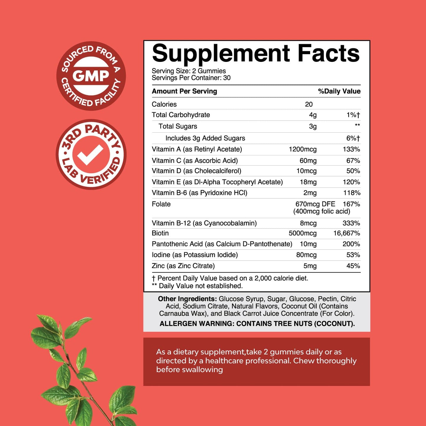 Natures Craft Biotin Gummies for Hair Growth - Pantothenic Acid, 60 Count