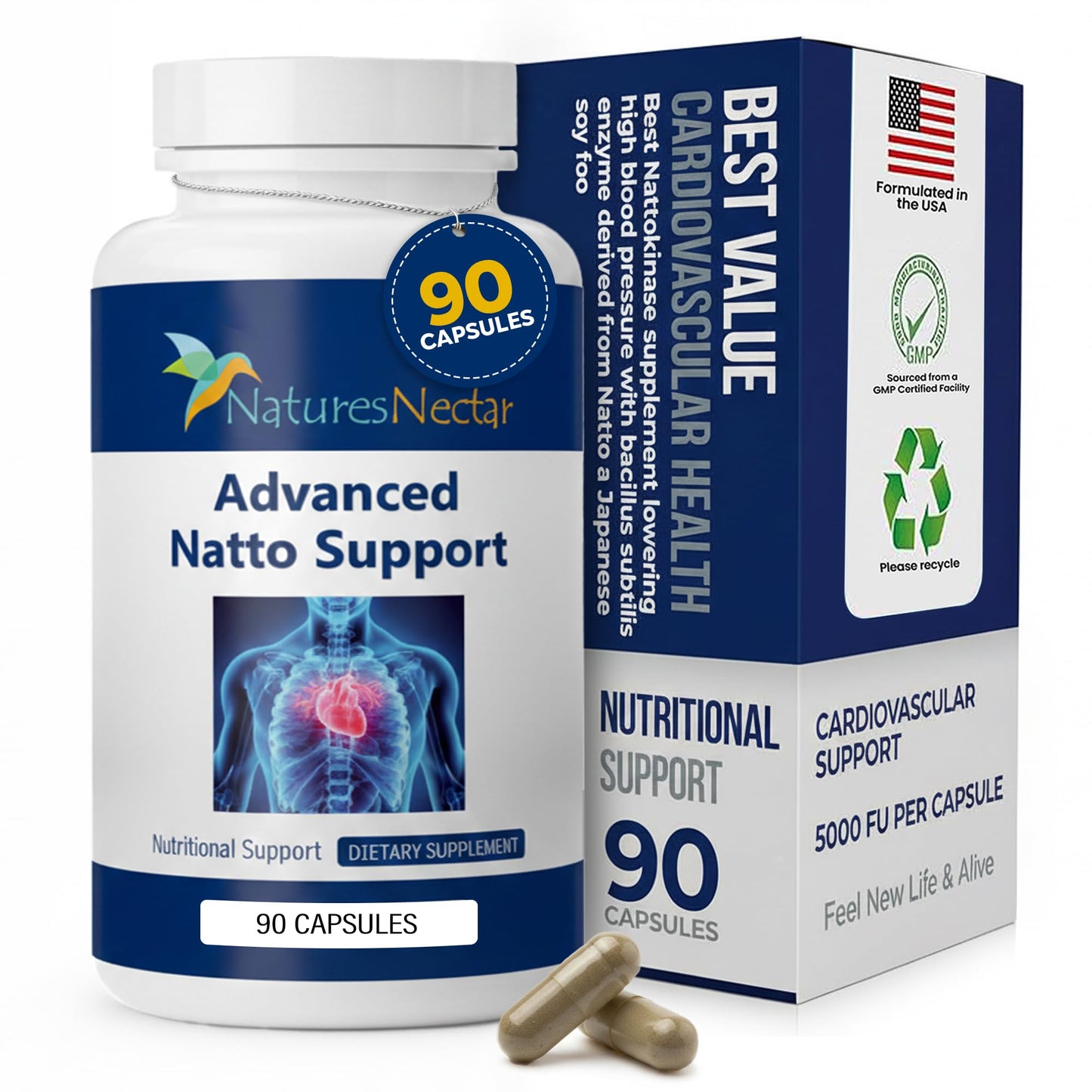 Nature's Nectar Organic Nattokinase Supplement 250mg – Double Strength 5000 FU, 90 Capsules