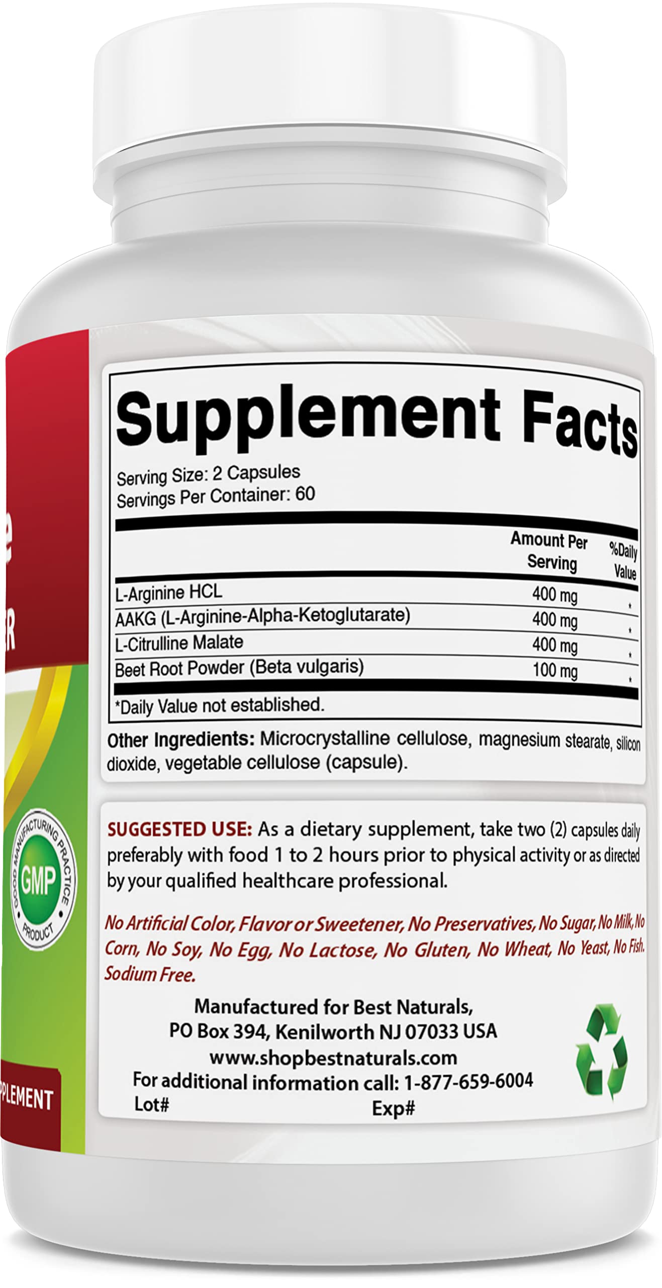 Best Naturals L-Arginine NO Booster Triple Strength 1300 mg Capsules, 120 Count