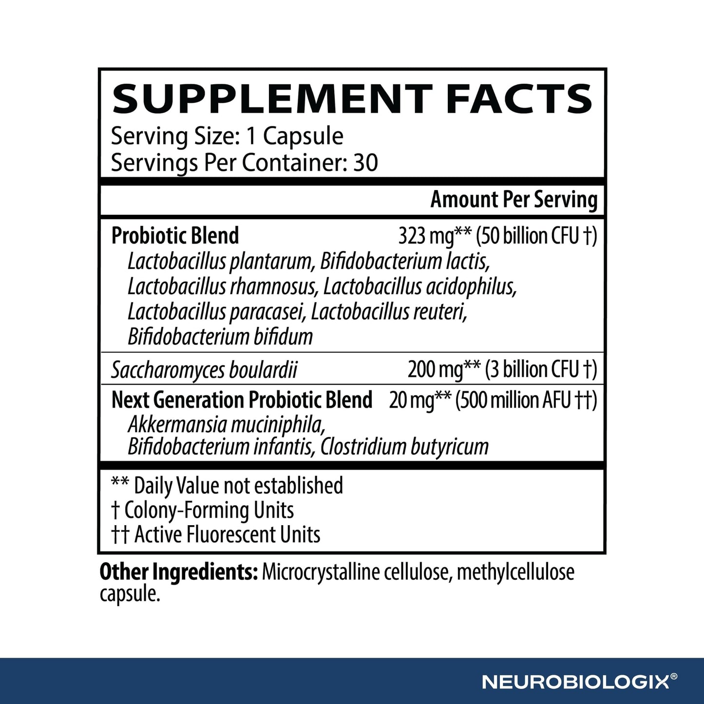 Neurobiologix Biotic Supreme 50, 50 Billion CFU Probiotics with Akkermansia, Saccharomyces boulardii Prebiotic, Supports Gut Flora, Microbial, Digestive & Immune Health, 28 Capsules