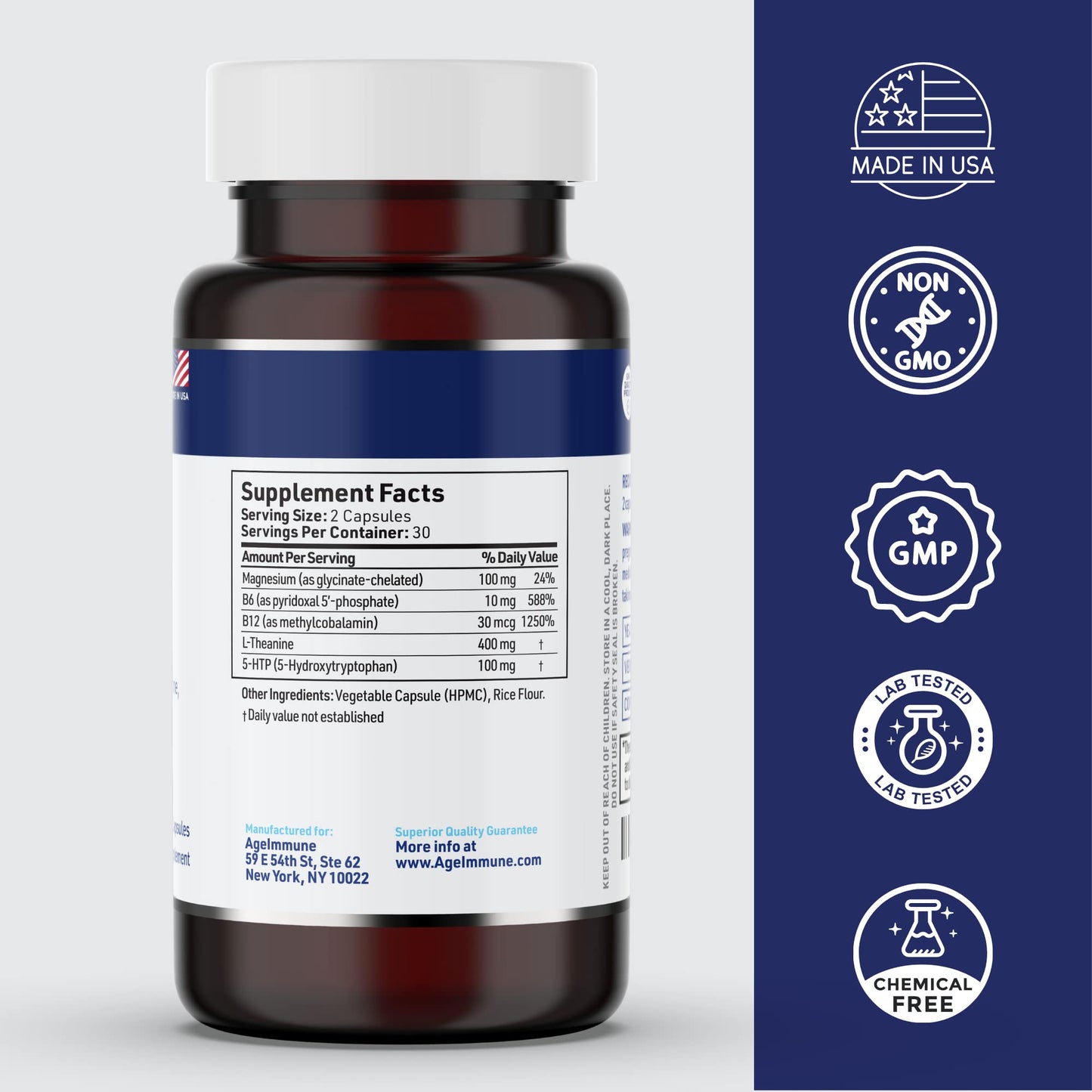 AgeImmune 5-HTP 100mg with L-Theanine 400 mg Formula for Stress Relief and Relaxation Support for Teens and Adults with Vitamins B6 - B12 and Magnesium Bisglycinate - Doctor Formulated – without stearates, 60 Capsules