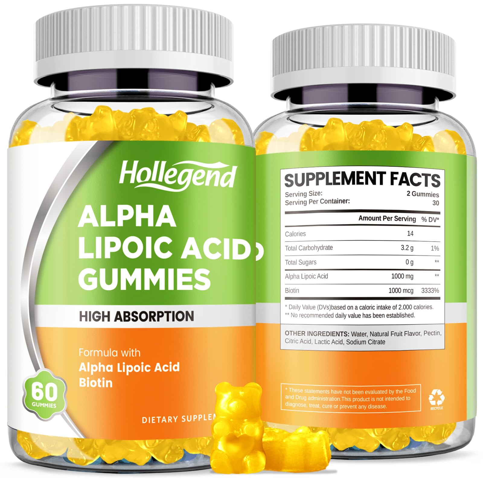 HOLLEGEND Alpha Lipoic Acid Gummies 1000mg with Biotin, Pineapple Flavor, Sugar Free, 120 Gummies