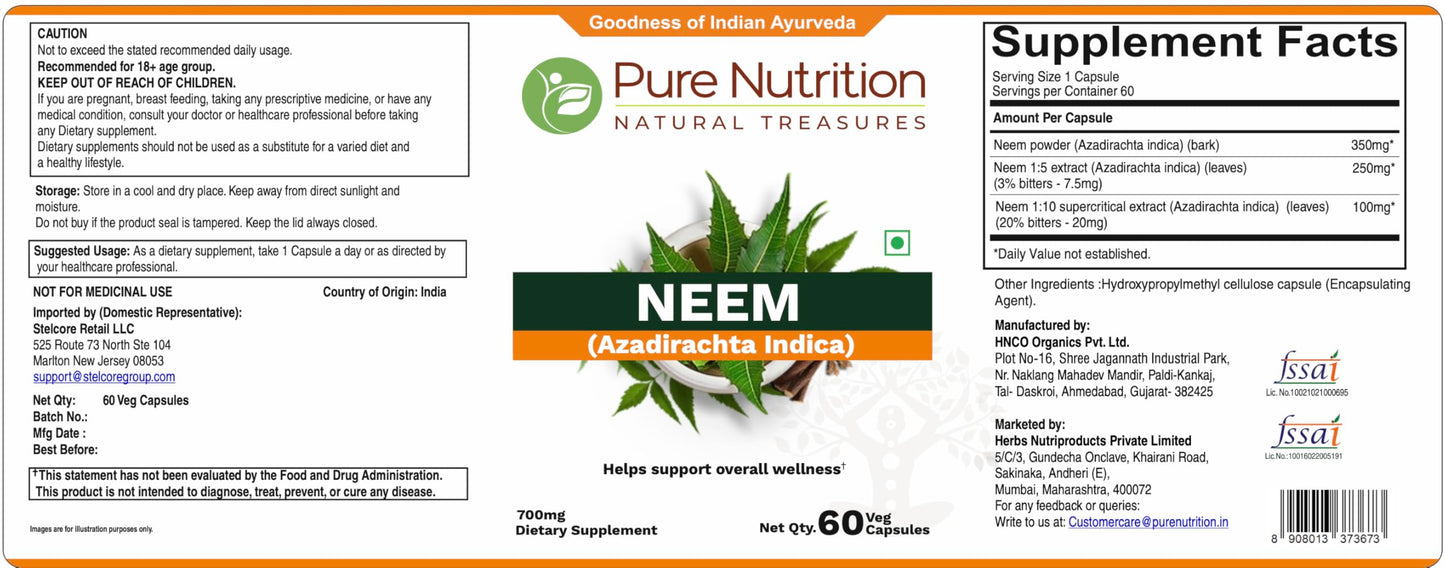 PURE NUTRITION NATURAL TREASURES Neem 700 mg per Capsule, 60 Capsules