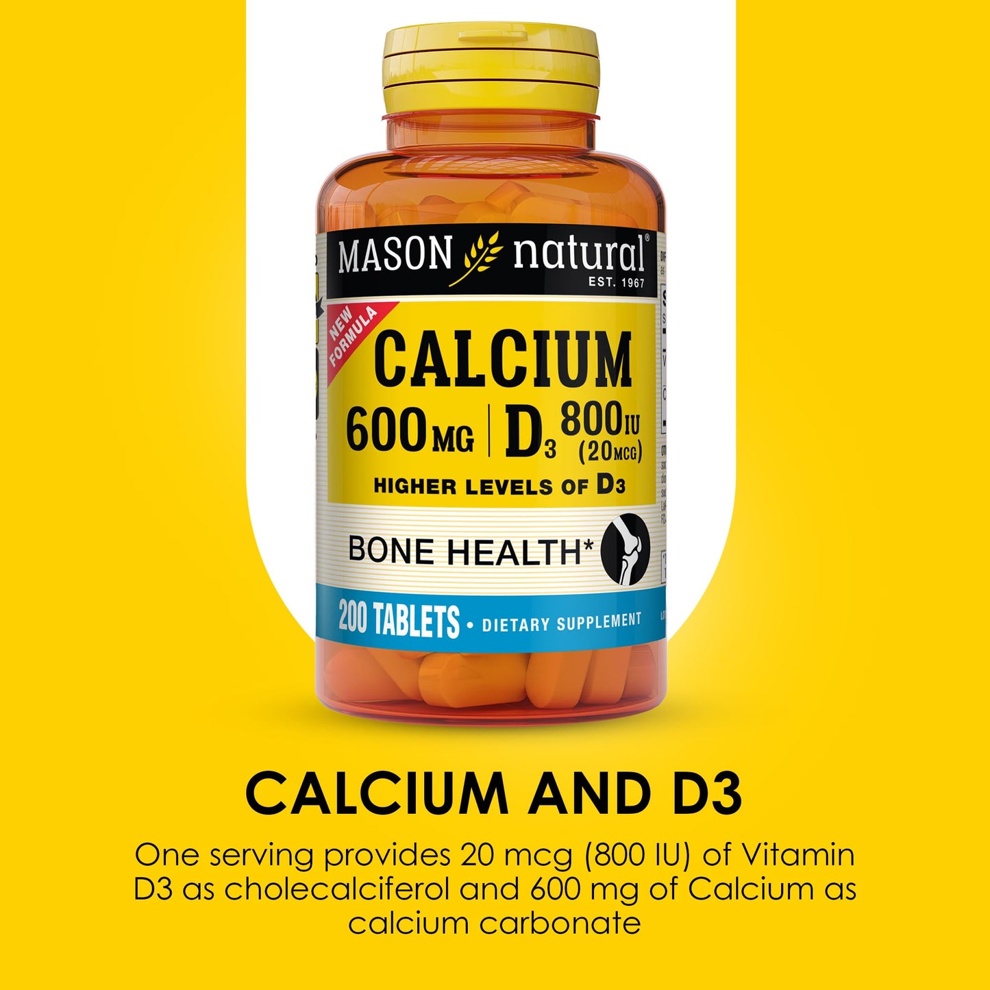 MASON NATURAL Calcium Supplement with Vitamin D3 for Bone and Muscle Support, 200 Tablets