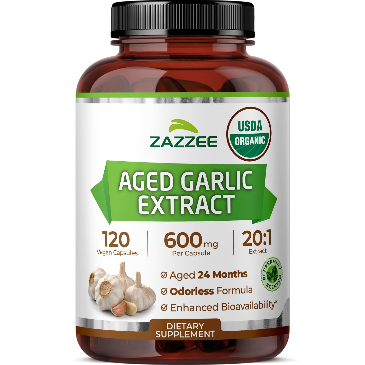 Zazzee USDA Organic Aged Garlic 20:1 Extract, Aged 24 Months, Odorless Capsule 120 Count