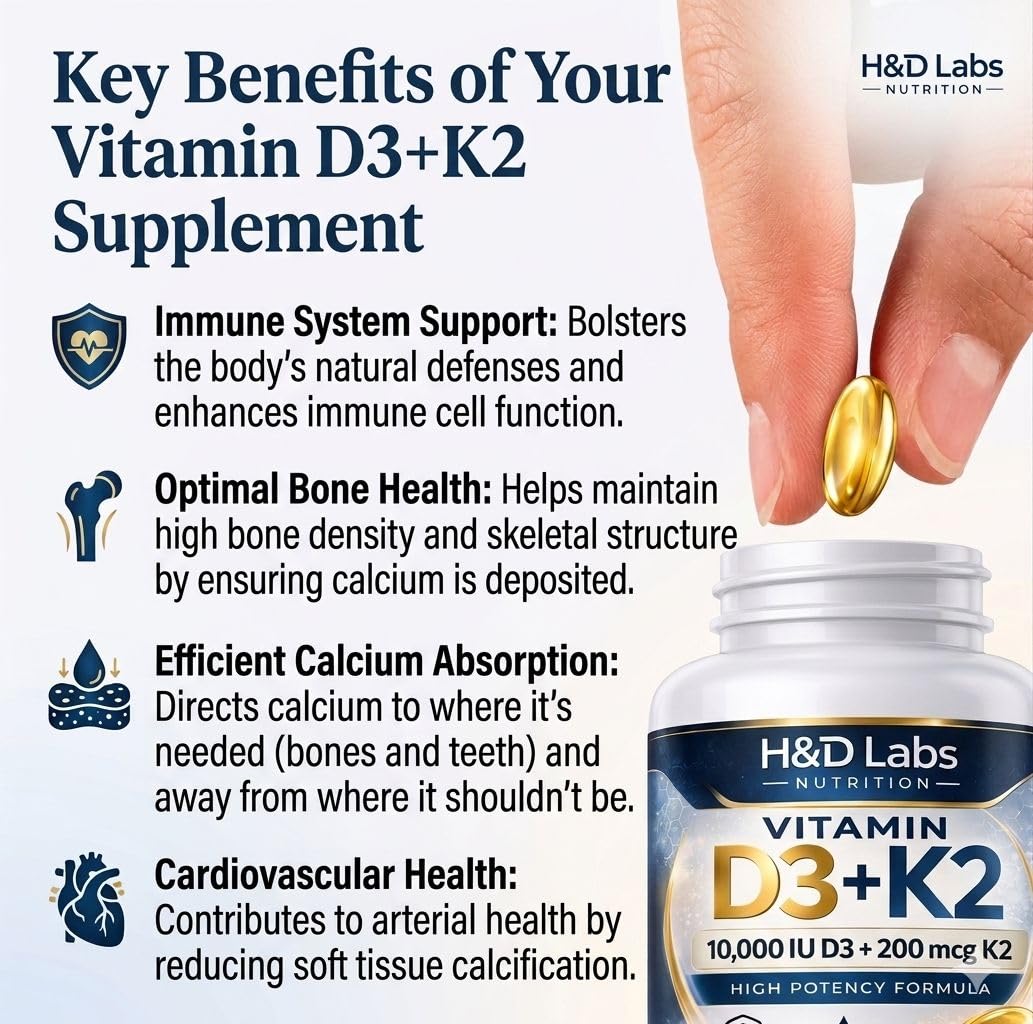 H&D Labs Nutrition Vitamin D3 K2 10000 IU (125mcg) with MK-7 Capsule, 1 Capsule