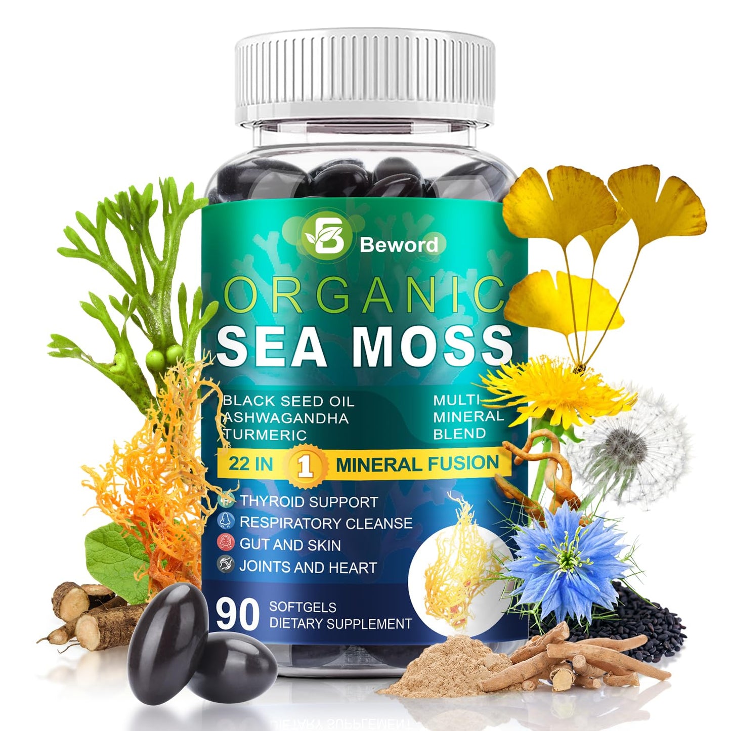 BEWORD Organic Sea Moss Softgels, 90 Count