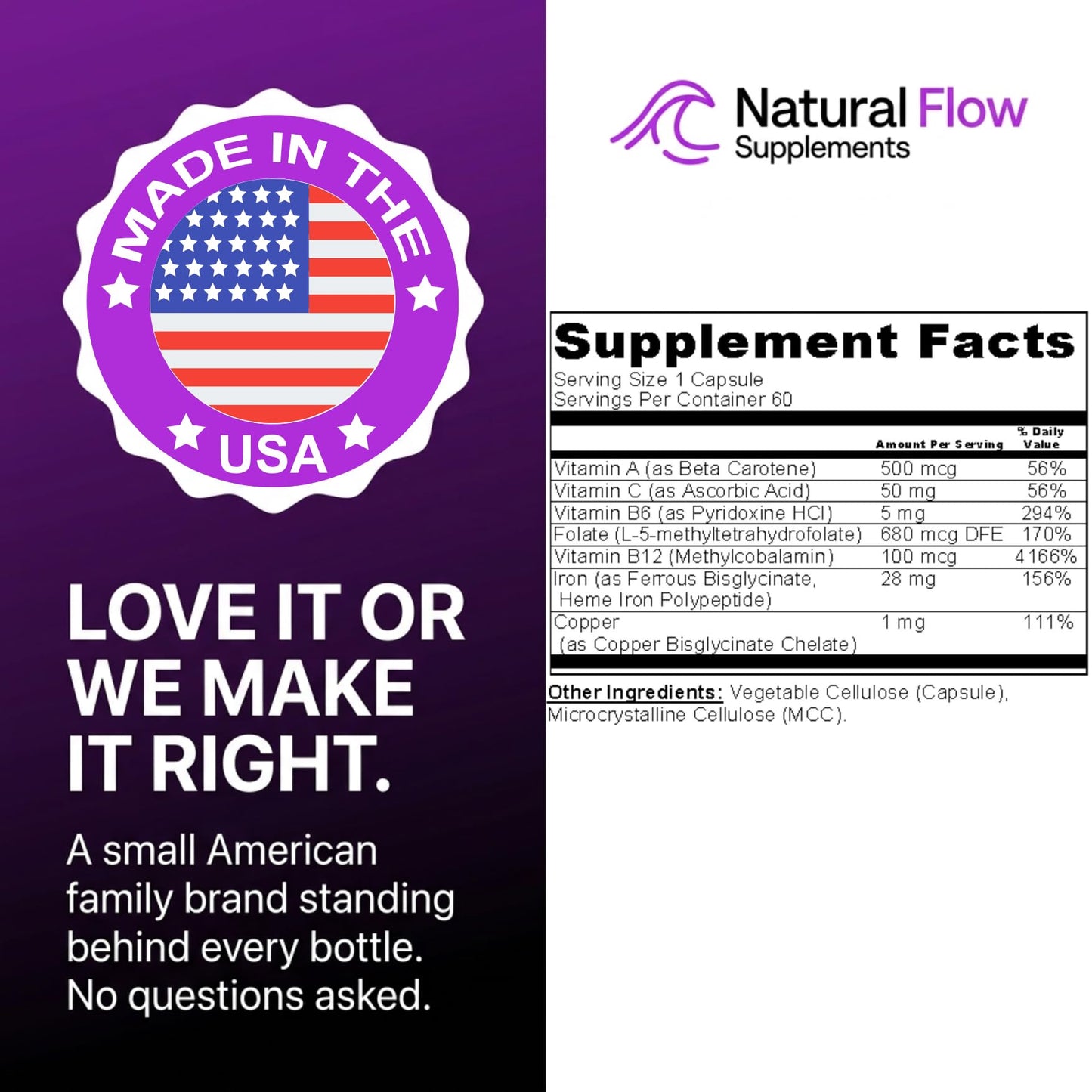 Natural Flow Supplements Iron Supplement 2-in-1 Complete Complex with Heme Iron and Chelated Non-Heme Iron Bisglycinate, Folate, B Vitamins & Vitamin C, Capsule, 120 Count