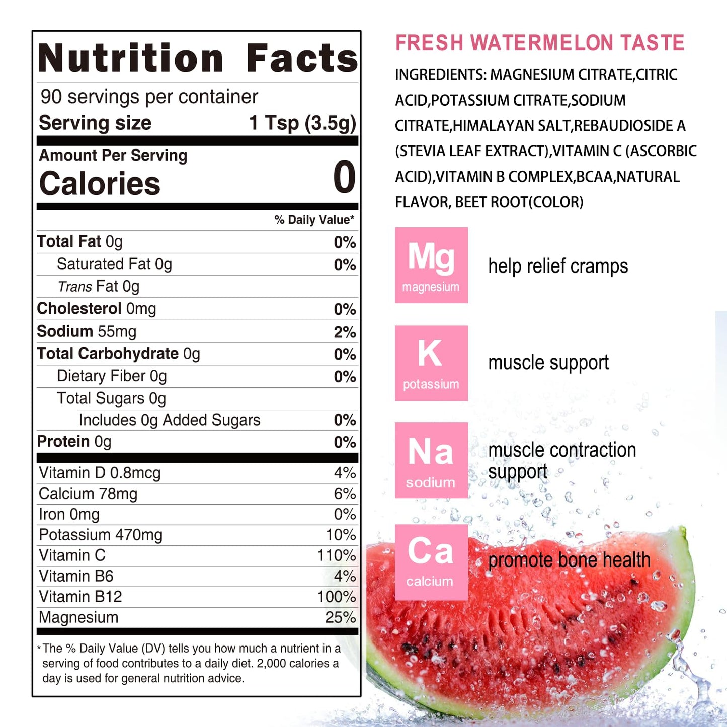 Nature Aurora Electrolytes Powder No Sugar, Fresh Watermelon Flavor, 90 Servings, 11.1 oz