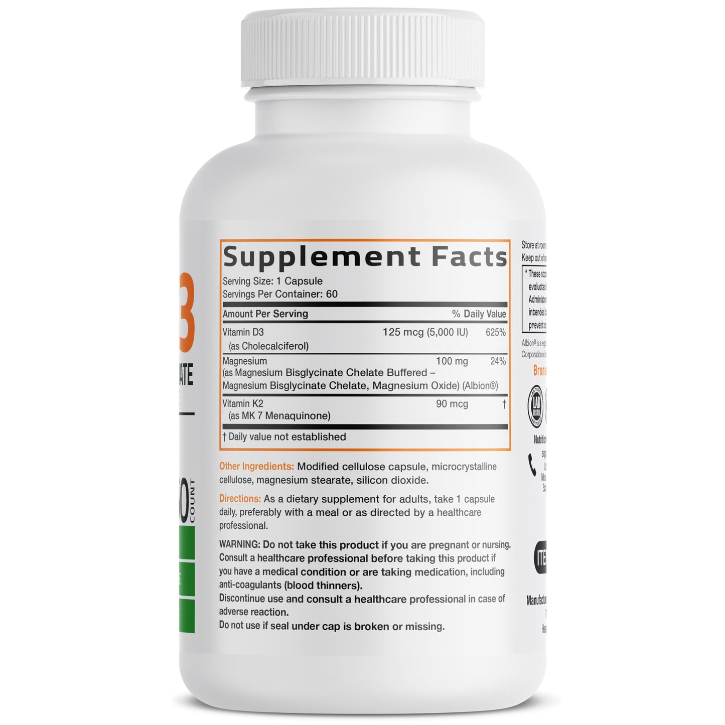 Bronson Vitamin K2+D3 Magnesium Glycinate Supplement 3-in-1 Formula Capsule, 60 Count