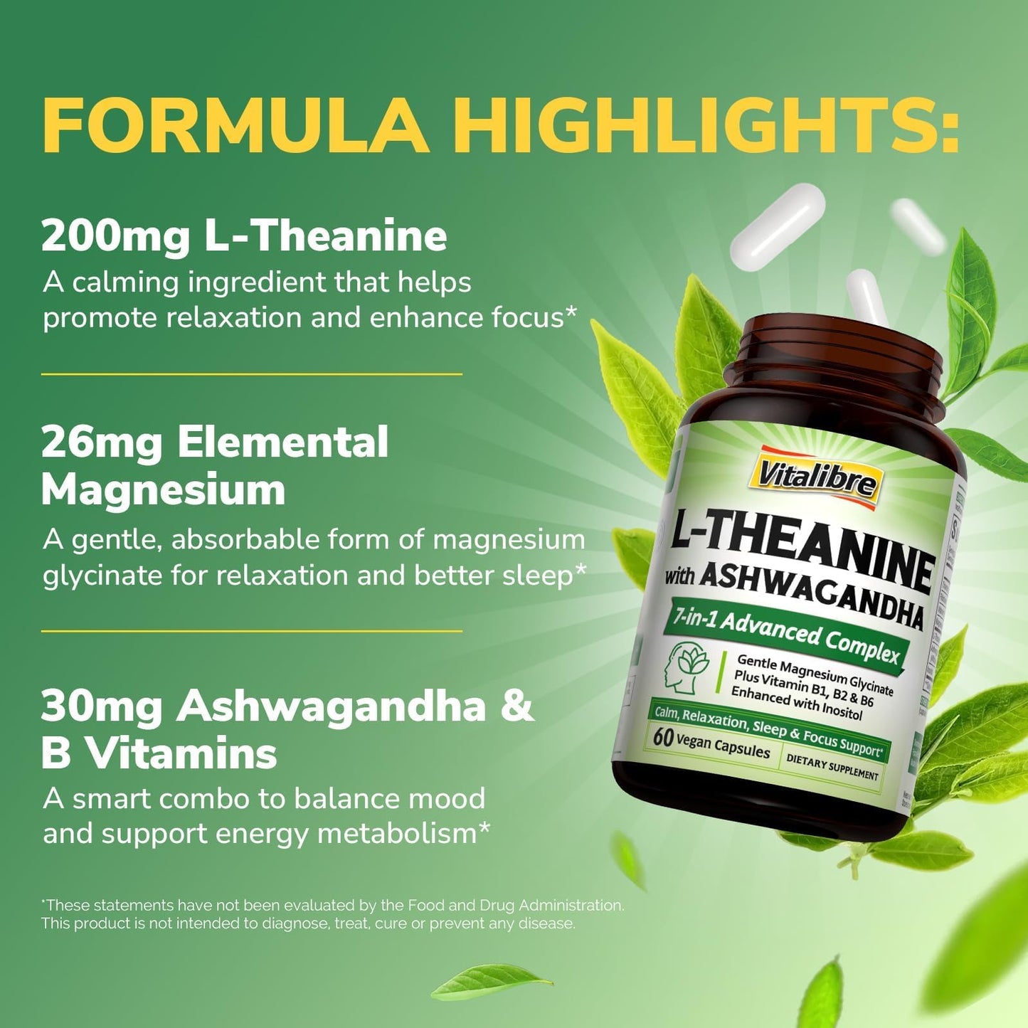 Vitalibre L-Theanine Supplement 200mg Capsules, 60 Count