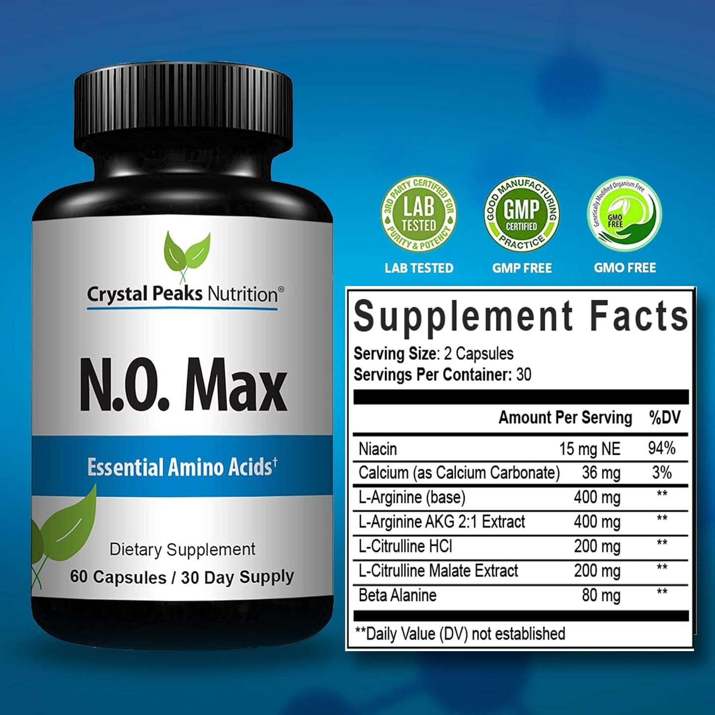 CRYSTAL PEAKS NUTRITION N.O. Max Nitric Oxide Supplement 60 Capsules