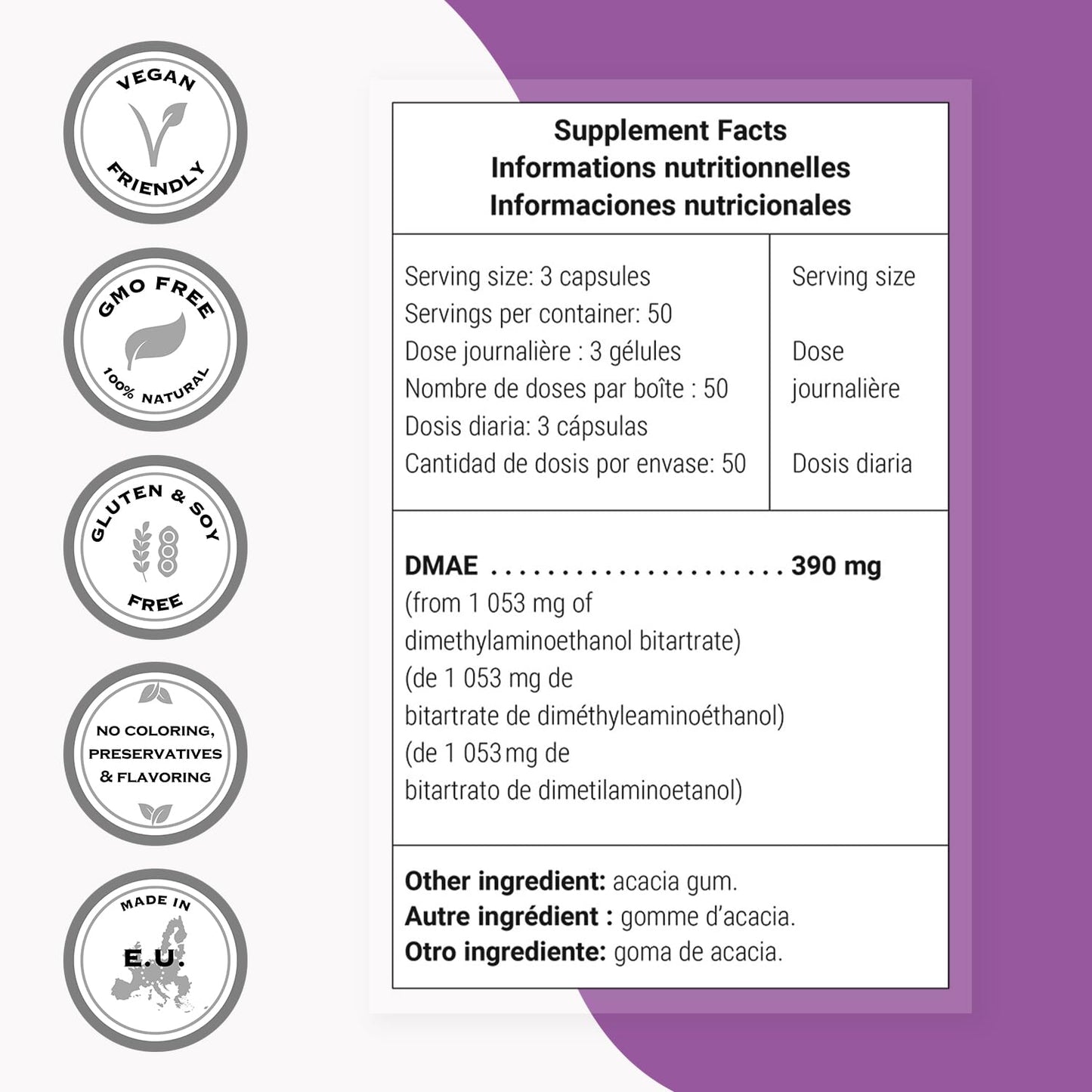 Supersmart DMAE Supplement 390mg per Day (Dimethylaminoethanol) from DMAE Bitartrate - Choline Production, 150 Capsules