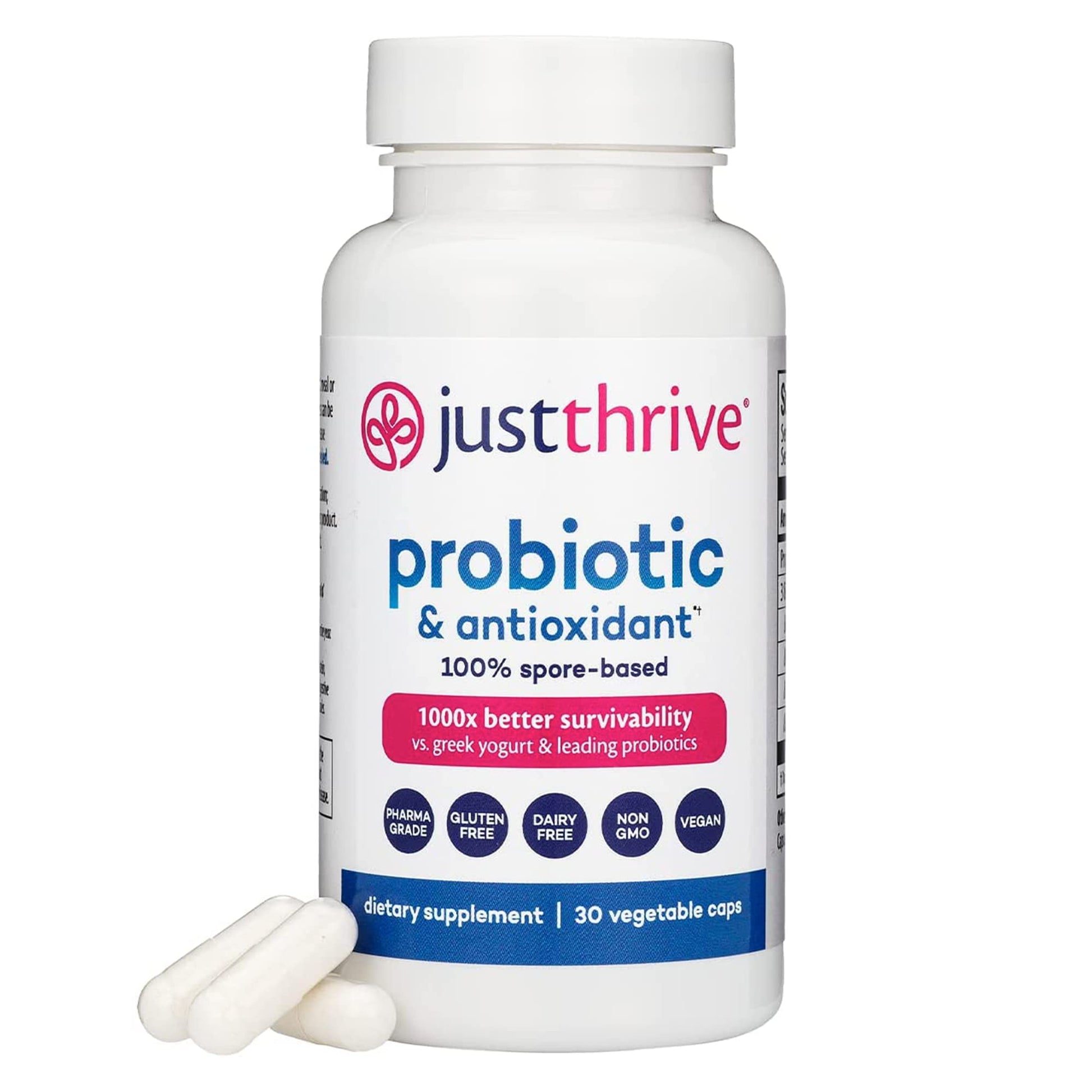 Just Thrive Probiotic & Antioxidant Supplement - 100% Spore-Based Digestive and Immune Support - Gluten Free Capsule, 30 Count
