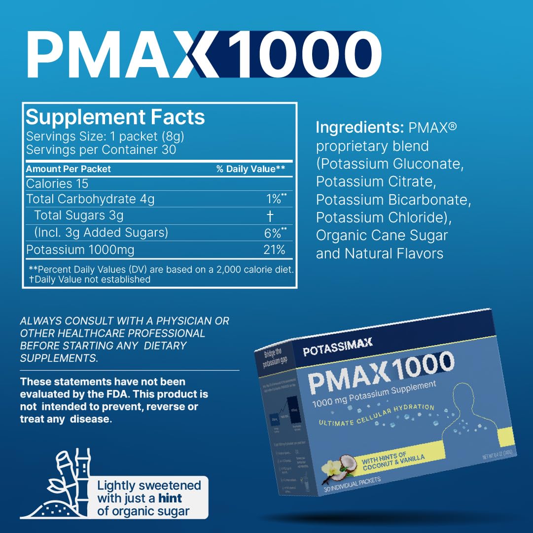 PotassiMax PMAX1000 High Dose Pure Potassium Electrolyte Supplement Powder Pack of 30