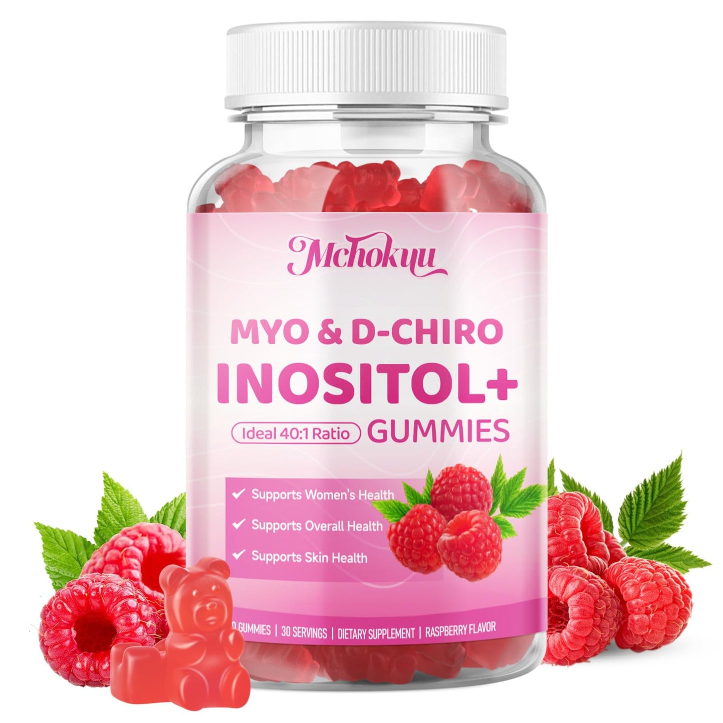 Mchokuu Myo-Inositol & D-Chiro Inositol Gummies, Ideal 40:1 Ratio Supplement for Women with Vitamin D3 & B12 for Support Hormonal Balance & Wellness, Sugar Free, Raspberry, 60 Count