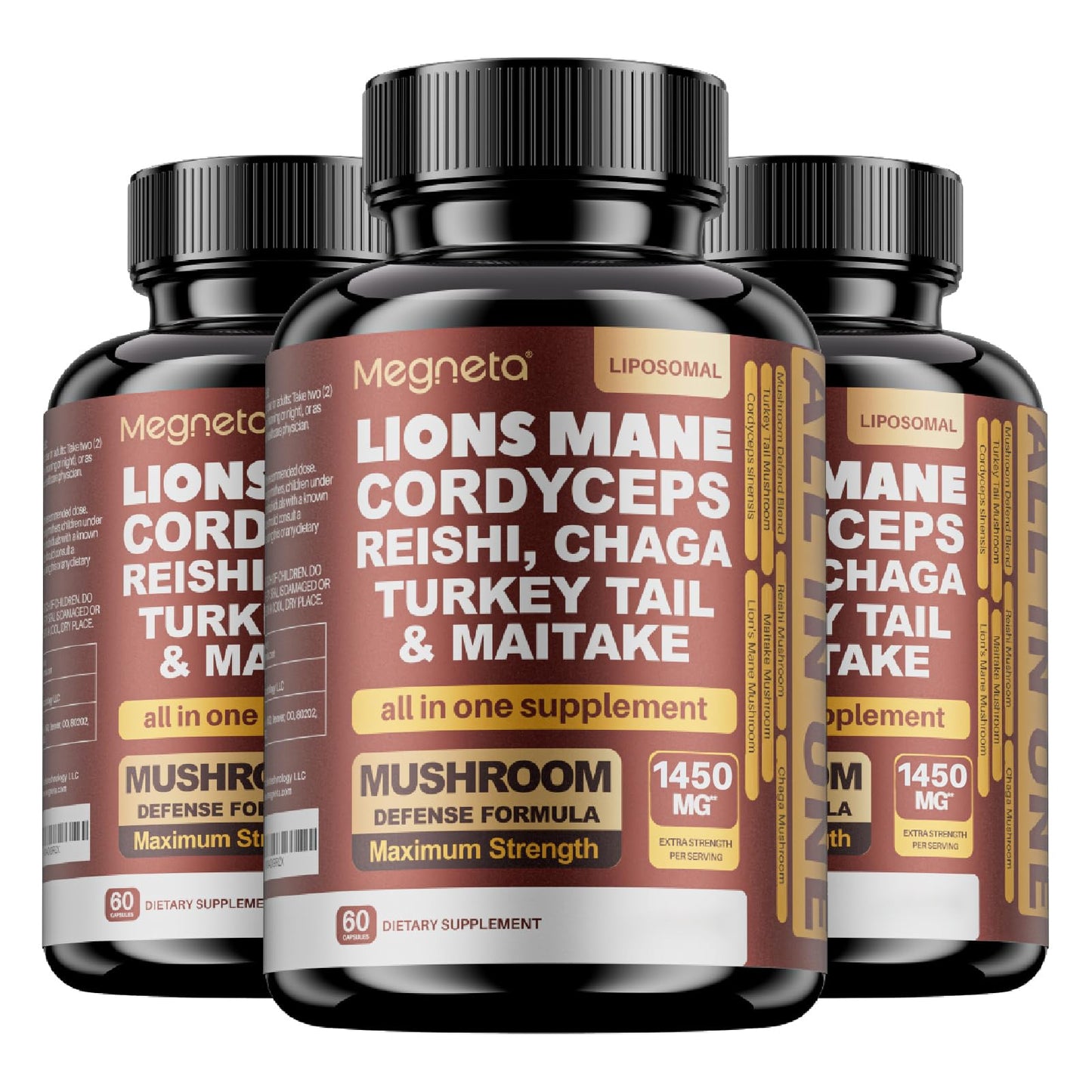 MEGNETA 22 in 1 Multi Mushrooms Capsules, Lions Mane Cordyceps Sinensis Reishi Mushroom Turkey Tail Mushroom, 180 Capsules