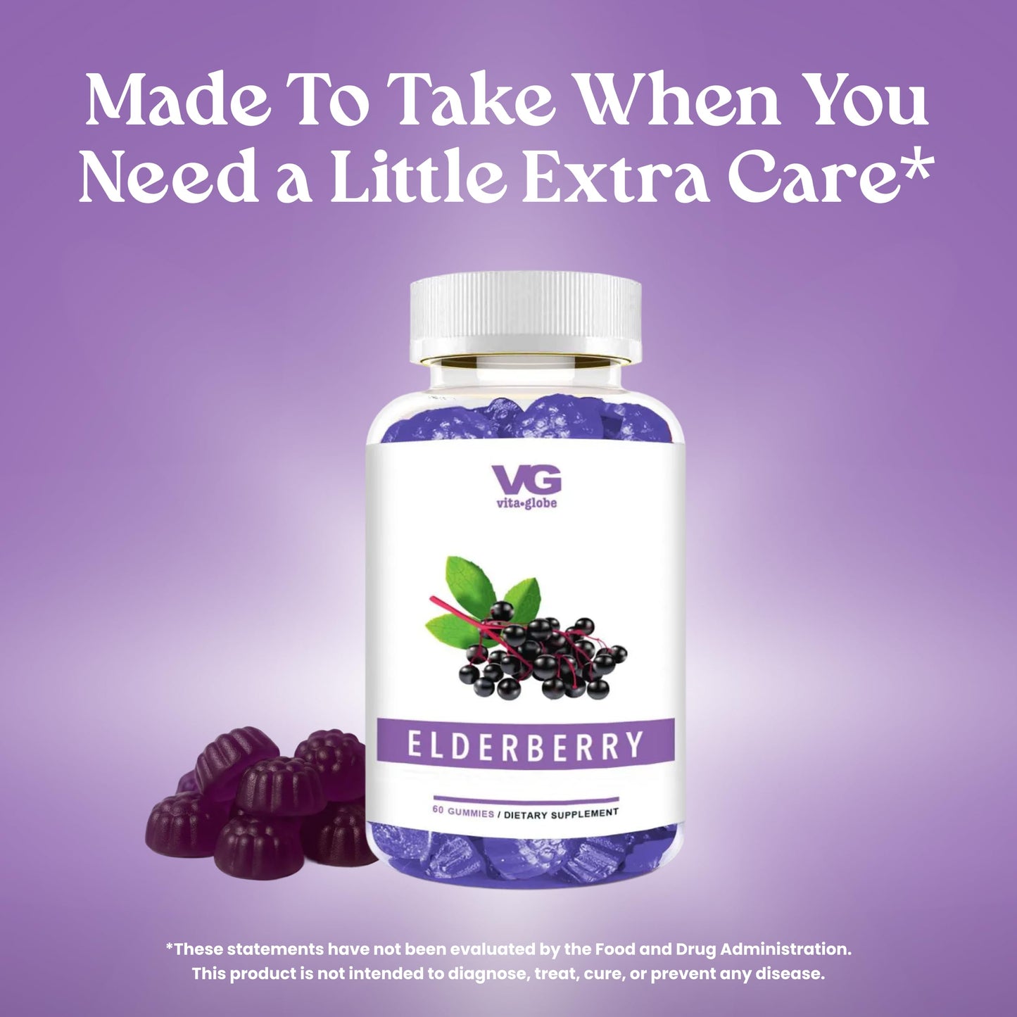 VITA GLOBE Elderberry Gummies with Vitamin C & Zinc for Immune Support, 60 Gummies