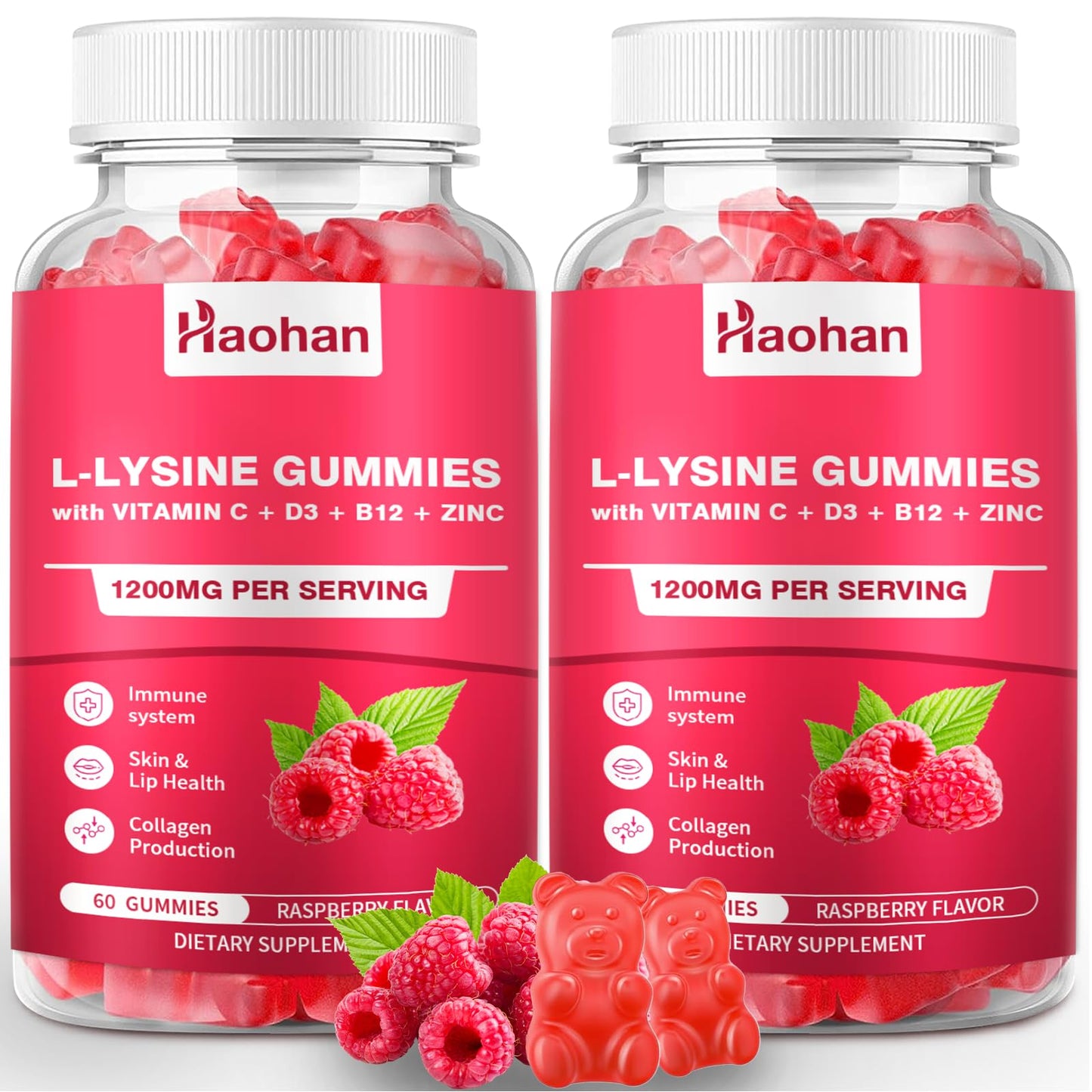 Haohan L-Lysine 1200mg Gummies for Immune Support & Skin Health, High Potency Vegan, Sugar-Free Raspberry Flavor for Adults & Kids - 120 Count