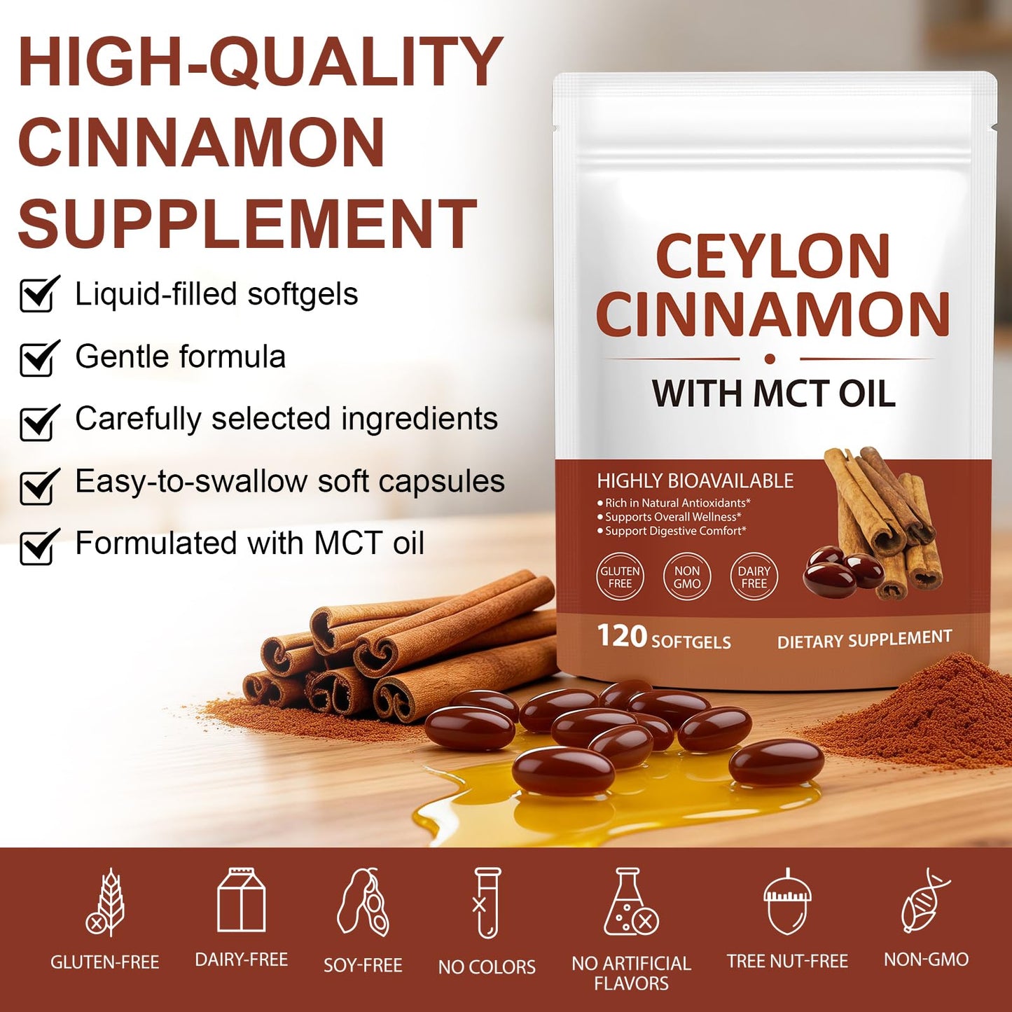 laraspi Ceylon Cinnamon Capsule with MCT Oil, Non-GMO, Gluten-Free, 1 Capsule
