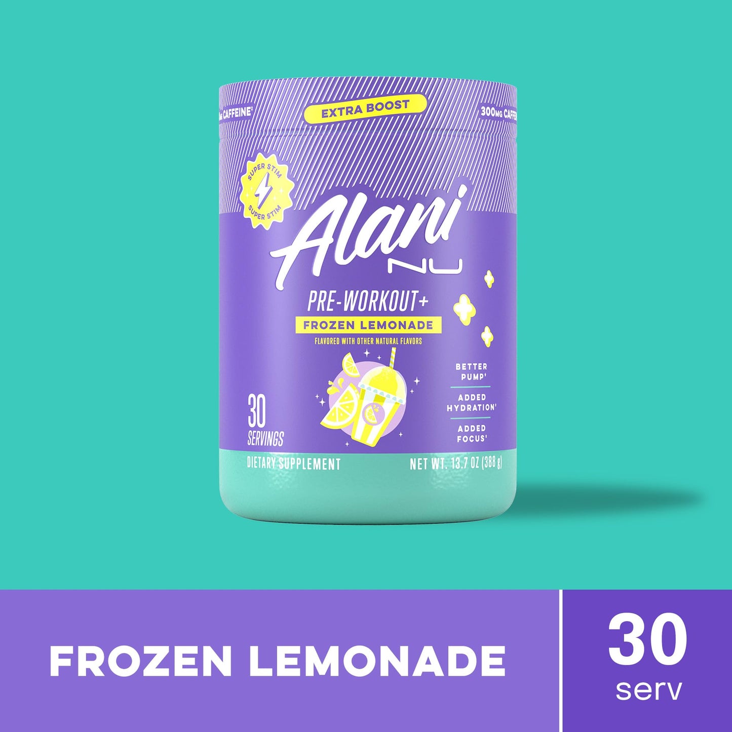 Alani Nu Pre Workout+ Powder Frozen Lemonade Extra Boost Sugar Free 300mg Caffeine L-Theanine Beta-Alanine Citrulline 13.8 oz