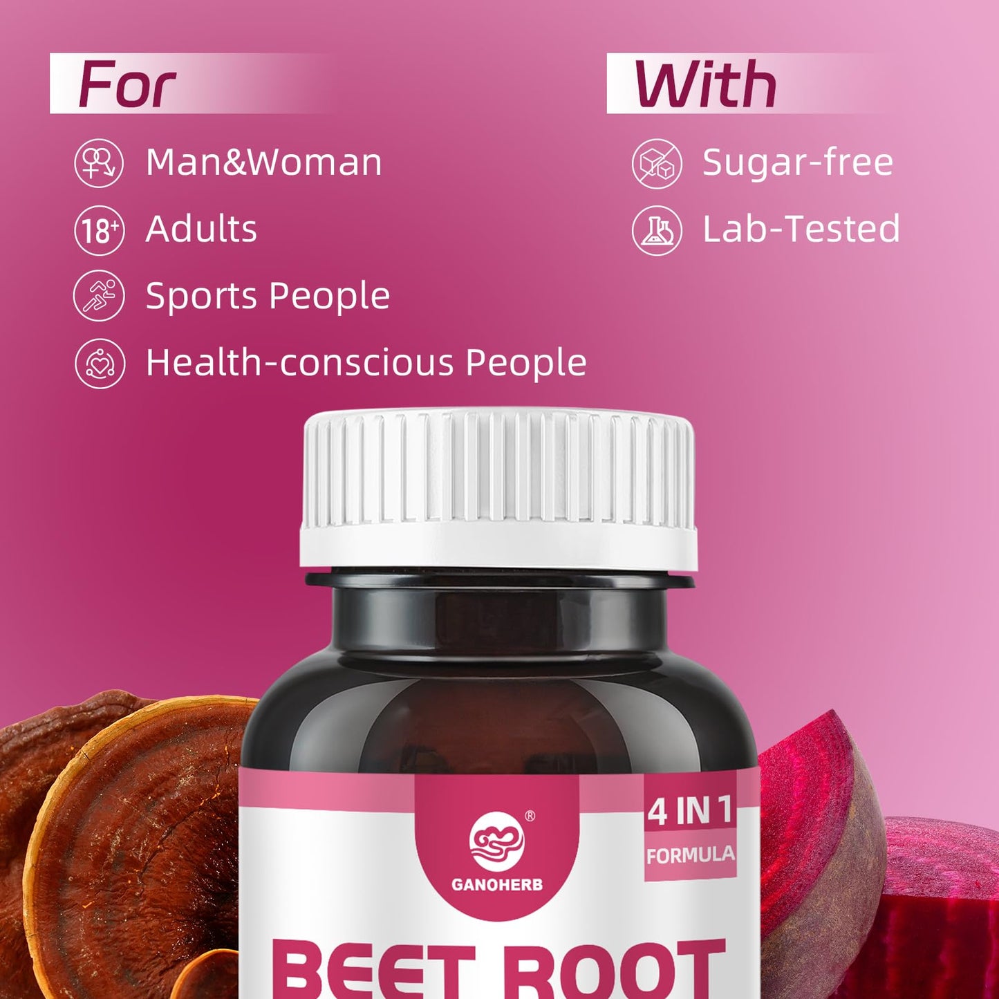 GANOHERB Beet Root Capsules with Grape Seed Extract, Reishi Mushroom, Black Pepper, Beet Root Supplement 4 in 1 for Nitric Oxide and Health Circulation, 90 Rapid Release Capsules