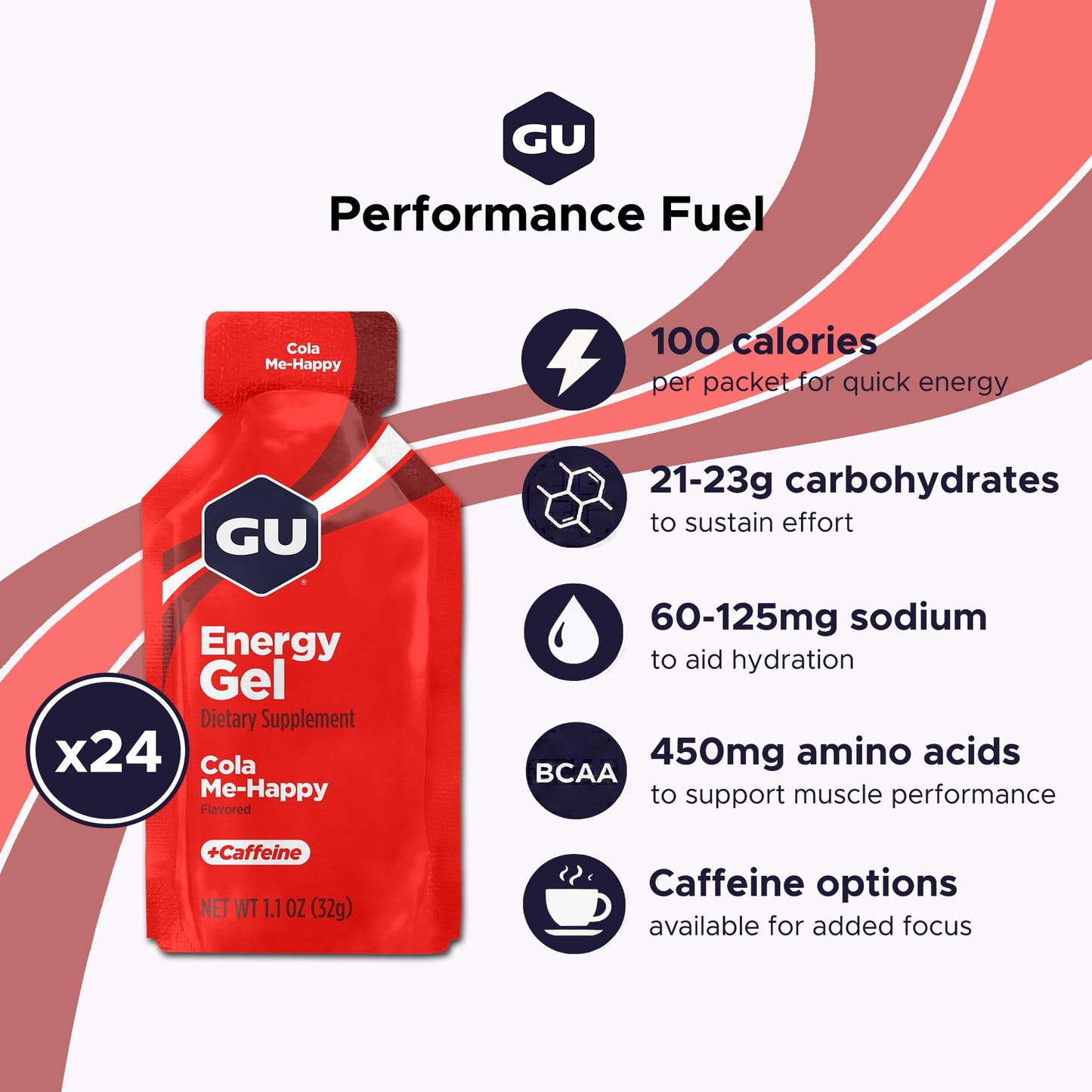 GU Energy Original Sports Nutrition Energy Gel, Vegan, Gluten-Free, Kosher, and Dairy-Free On-the-Go Energy for Any Workout, 24-Count, Cola Me-Happy