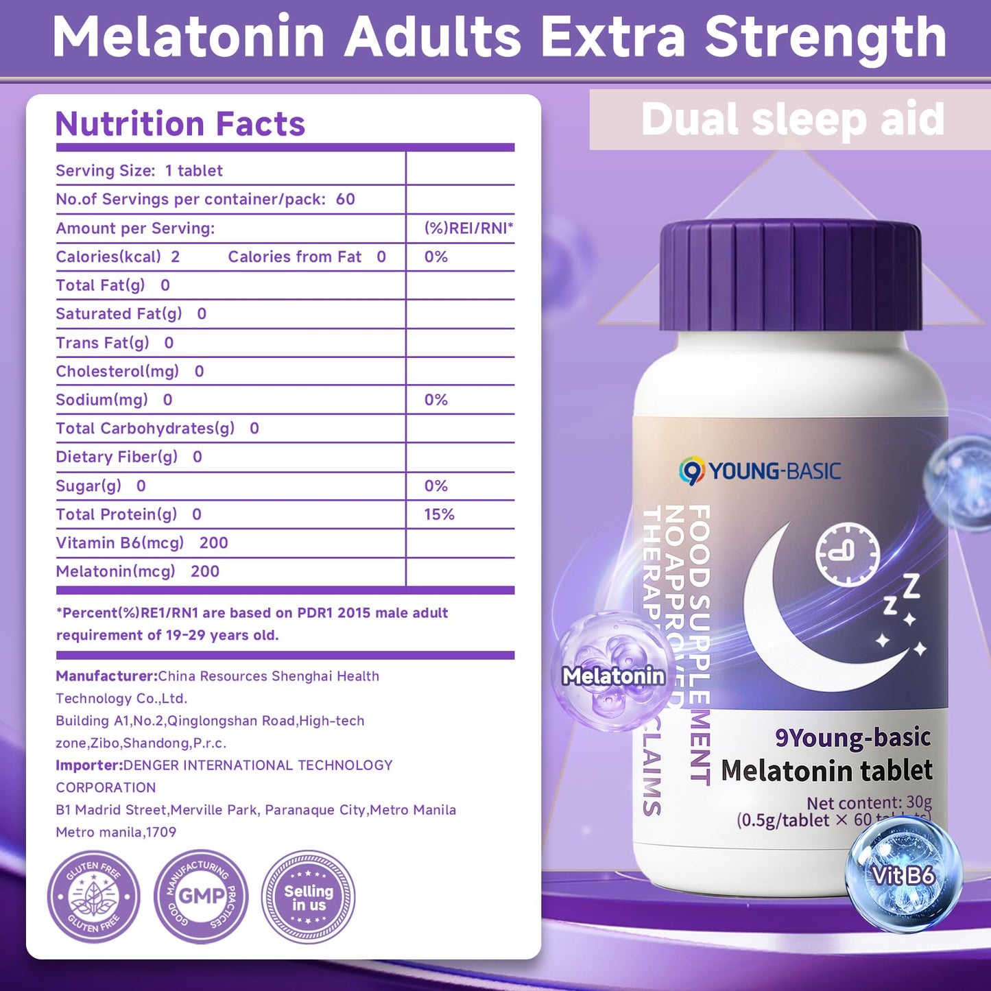 9 YOUNG-BASIC Melatonin 200mcg Dual Spectrum, 100% Drug Free Sleep Supplement, Low Dose Melatonin with Vitamin B6, Quick and Extended Release, Promotes Relaxation and Sleep Health, 60 Tablets