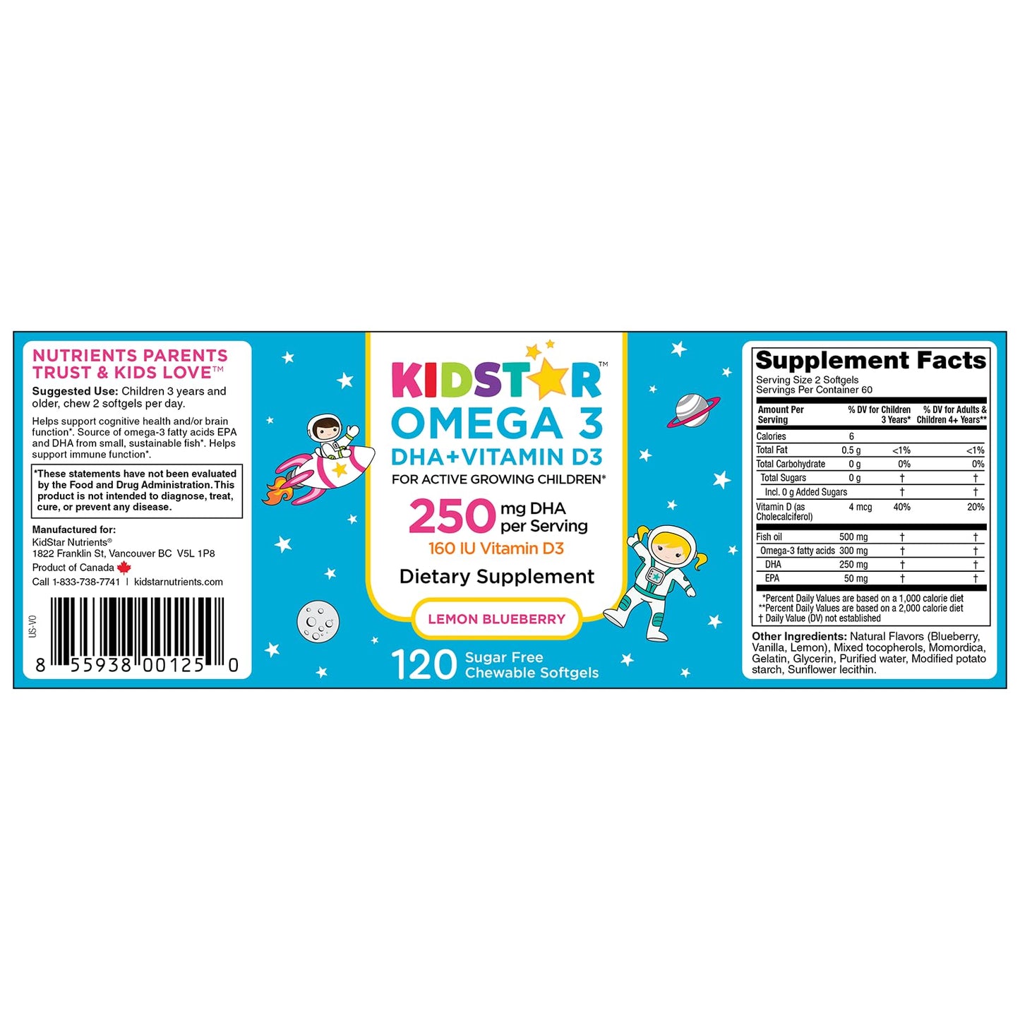 KidStar Nutrients Omega 3 with Vitamin D3, High-DHA, Lemon Blueberry Softgel 120